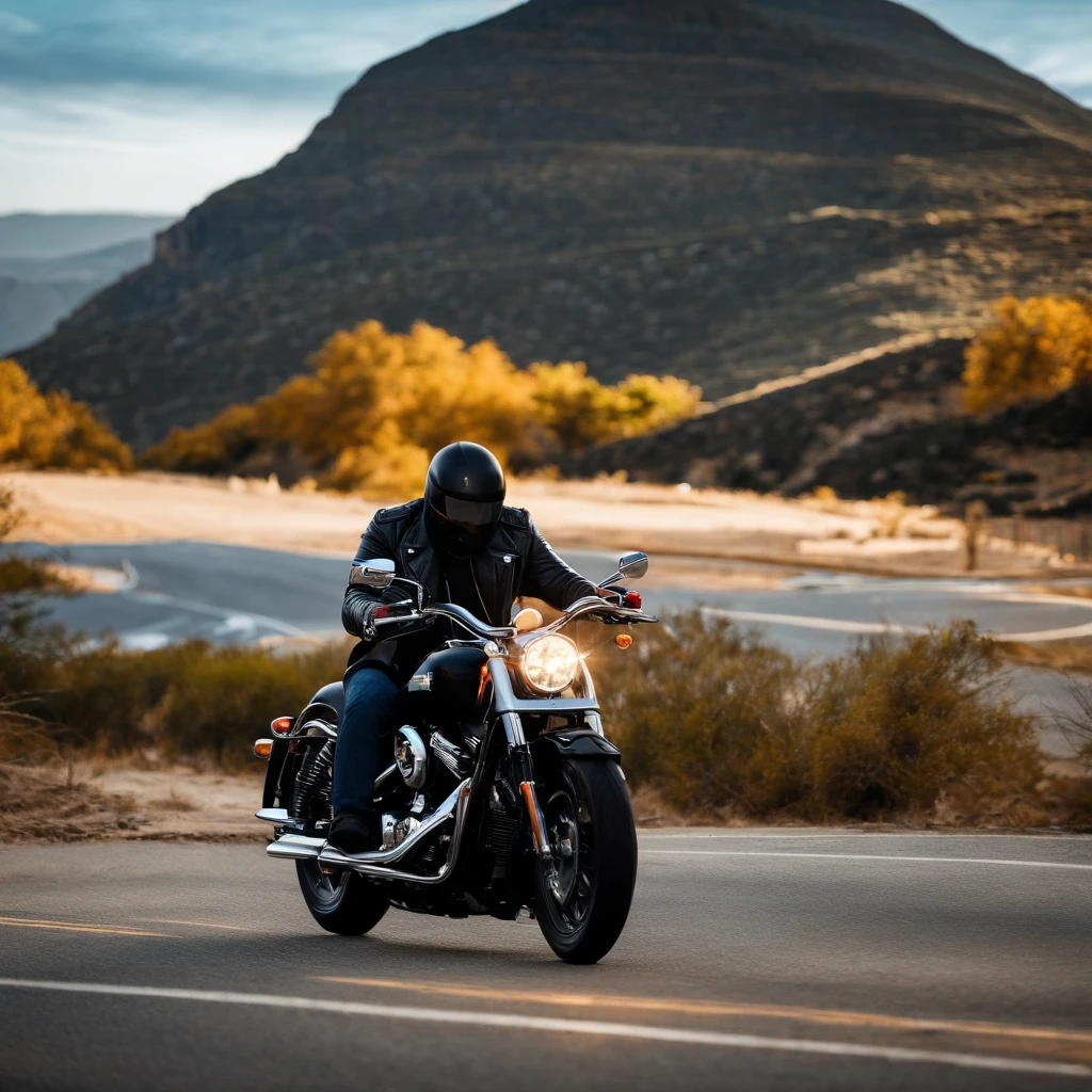 master part, best quality, um velho com barba branca e longos cabelos castanhos, vestindo uma jaqueta de couro e jeans preto, ao lado de sua motocicleta