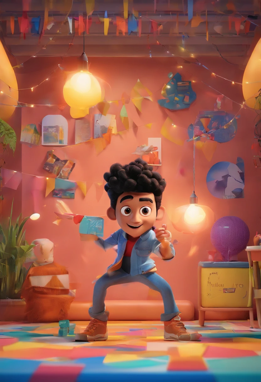 3D poster inspired by Pixar/Disney capturing a scene with a 23-year-old man, black hair , short spikes. Use it in your recording studio. He is happy using his black iPhone 11 to create content for Instagram. The studio has lamps and lights that add depth to the scene. The title "RAYLTO CDS" stands out on the front of the poster