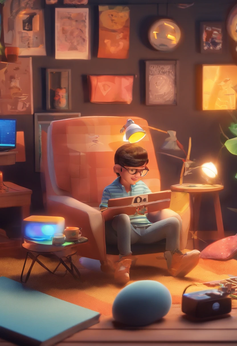 3D poster inspired by Pixar/Disney capturing a scene with a 23-year-old man, black hair , short spikes. Use it in your recording studio. He is happy using his black iPhone 11 to create content for Instagram. The studio has lamps and lights that add depth to the scene. The title "RAYLTO CDS" stands out on the front of the poster