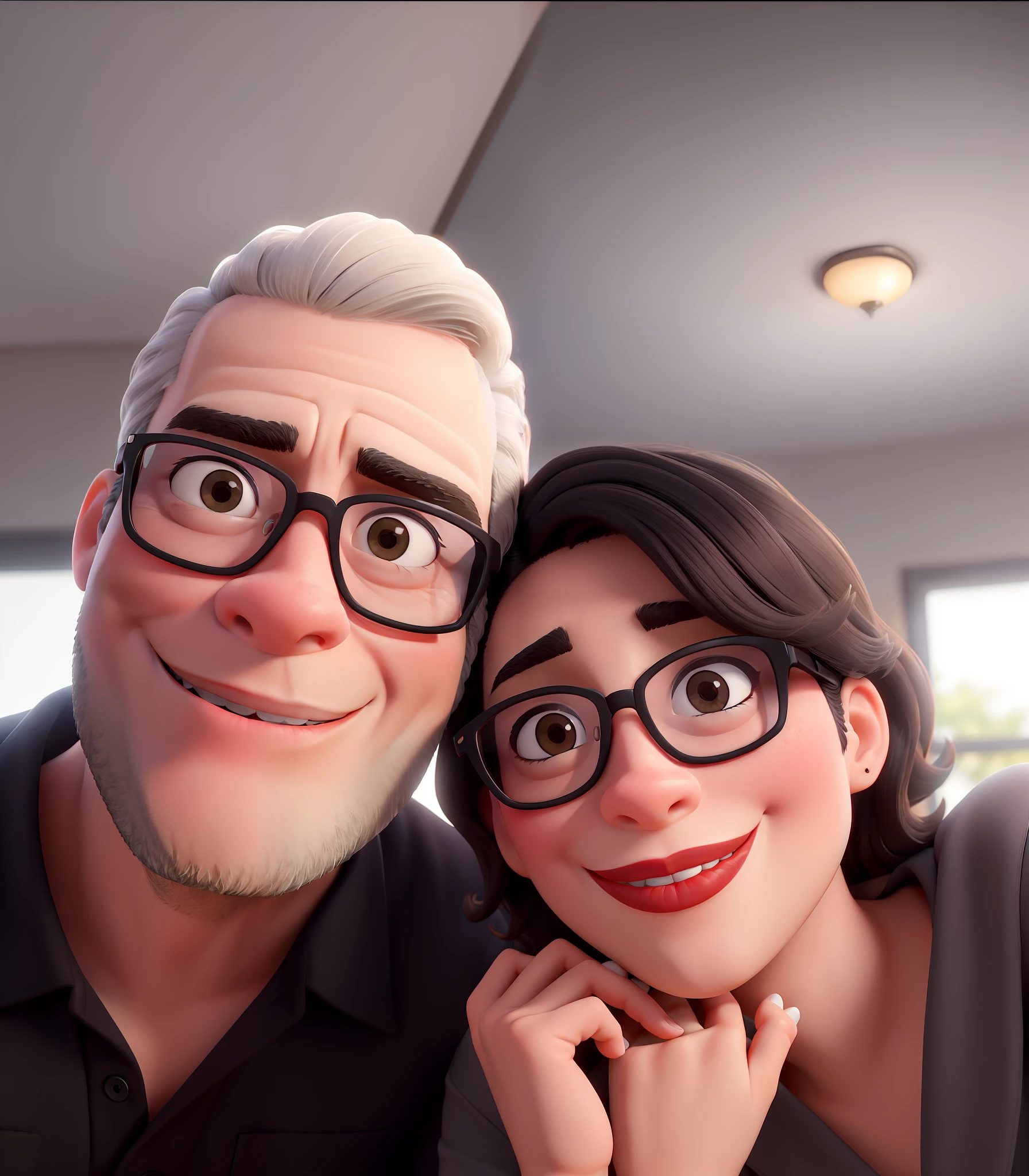 obra-prima, de melhor qualidade, um homem e uma mulher posando para uma selfie juntos. O homem tem cabelo curto grisalho, He wears glasses and a black shirt. ele tem uma barba grisalha. A mulher tem cabelo curto e escuro, He wears black-rimmed glasses and has red lipstick. They're both smiling at the camera. The woman is leaning on the man's shoulder. No fundo da imagem, There is an interior with a white ceiling.
