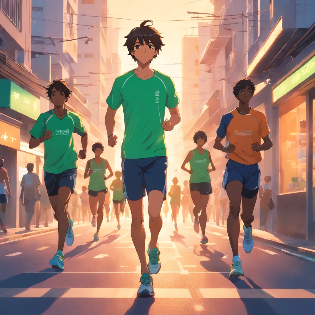 Fujifilm's primetime film about the Velvia 50 features a group of black marathon runners wearing bright green branded clothing and sportswear, Ansioso para embarcar em uma maratona desafiadora. A grande angular inclui todo o grupo, Show your determination and camaraderie. The runner's muscles are tensed in anticipation, Their expressions were full of emotion and concentration. Each person's unique personality shines through, Destacar a diversidade dentro do Grupo. homem de riqueza, The warm colors of the primetime lights add a touch of magic to the scene, Cast a long shadow on the ground,Creates a sense of movement,As if time itself were in motion.