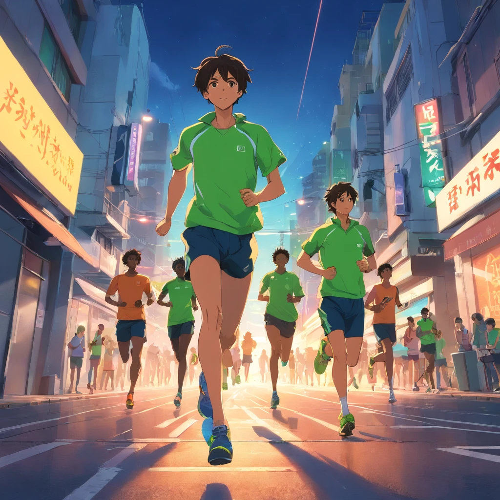Fujifilm's primetime film about the Velvia 50 features a group of black marathon runners wearing bright green branded clothing and sportswear, Ansioso para embarcar em uma maratona desafiadora. A grande angular inclui todo o grupo, Show your determination and camaraderie. The runner's muscles are tensed in anticipation, Their expressions were full of emotion and concentration. Each person's unique personality shines through, Destacar a diversidade dentro do Grupo. homem de riqueza, The warm colors of the primetime lights add a touch of magic to the scene, Cast a long shadow on the ground,Creates a sense of movement,As if time itself were in motion.