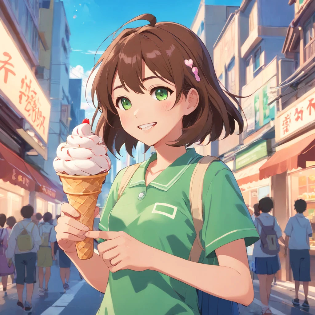 1 girl animated, brown hair, braces, green eyes, anime outfit, smiling, holding an ice cream on the street