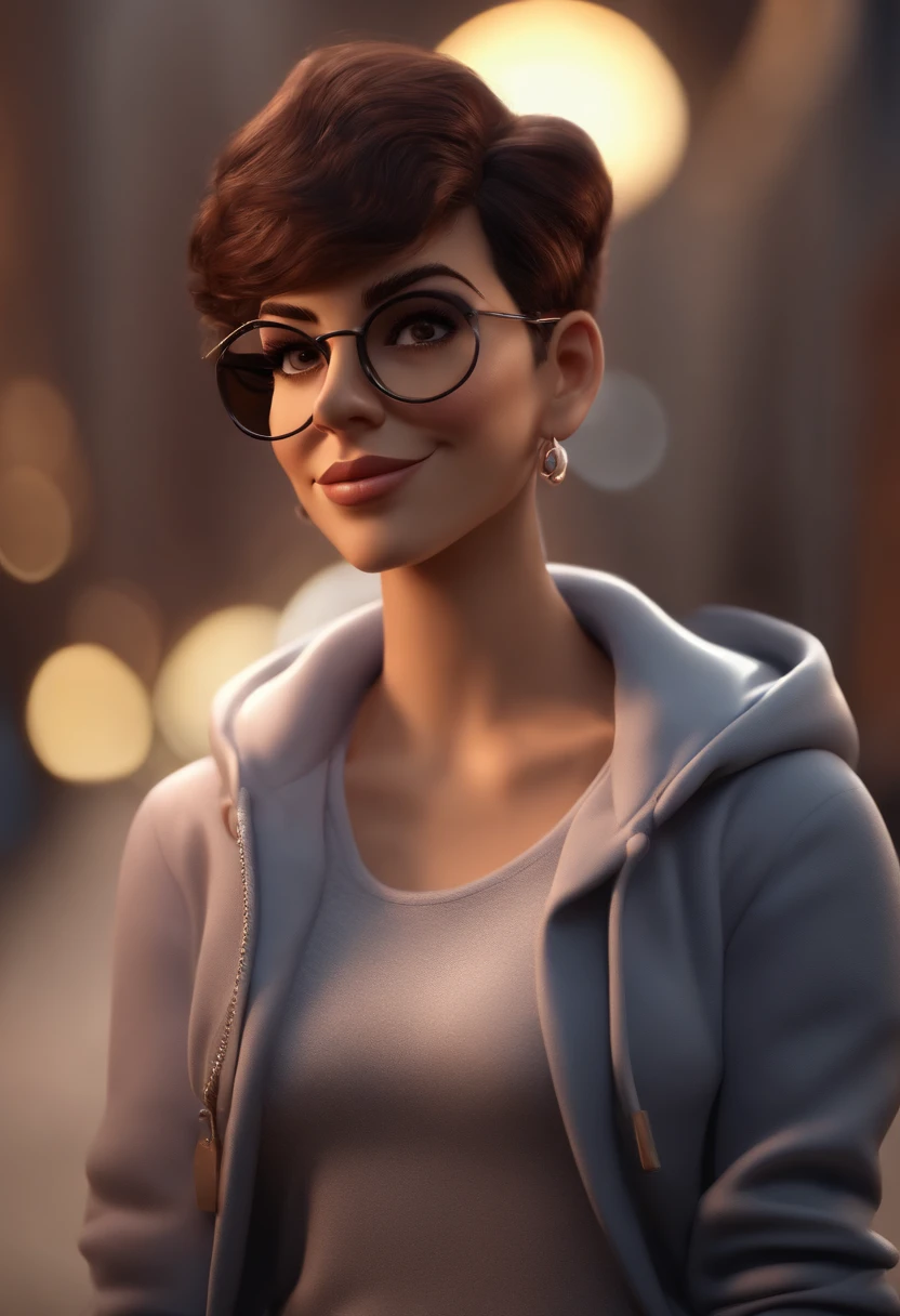 Cartoon character of a woman with lilac glasses and a black shirt, All Star Sweatpants & sneaker, cabelo curto Pixie CUT cacheado e grisalho,fofinha,boca carnuda,olhos mel,animation character, Caractere estilizado, animation style rendering, 3D estilizado, Arnold Maya render, 3 d render stylized, toon render keyshot, Personagem 3D, Personagem 3D, 3d rendering stylized, 3 d character render, personagem de desenho animado, Personagem de close up, Pose de personagem, (Estilo Pixar) (master part:1.2) (Bokeh) (best quality) (pele detalhada) (textura detalhada) (8k) (argila) (Cinematic lighting) (foco nítido