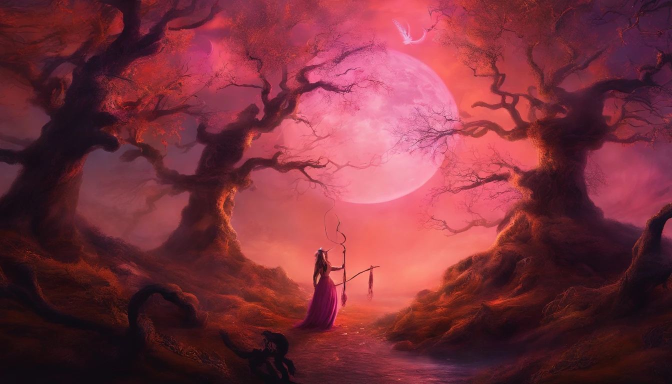 "(best quality, highres, ultra-detailed), The goddess of Halloween casting mystical glowing spells in a haunted forest, orange and pink hues, vivid colors, extreme detail description, sharp focus, studio lighting, horror, magical, eerie atmosphere, swirling fog, ethereal glow, ancient trees, twisted branches, glowing pumpkins, moonlit sky, mysterious shadows, spellbinding, enchanting, hauntingly beautiful"