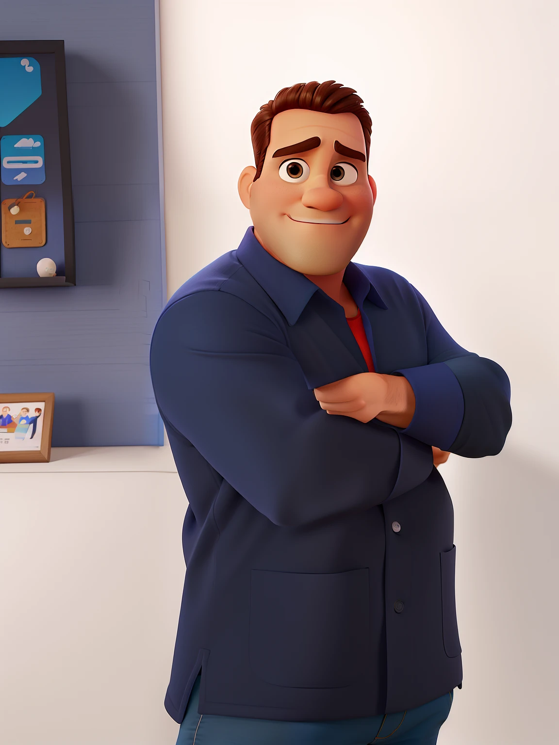 Poster no estilo Disney pixar, alta qualidade, melhor qualidade, homem sexy branco, 38 anos cabelo grisalho, musculoso, com terno preto e camisa azul, gravata vermelha, in Social Media Designer Studio, na parede a escrita ES DESIGNER em neon.