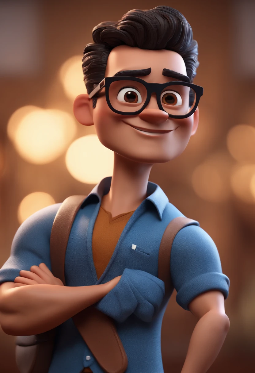 Cartoon character of a man with black glasses and a blue shirt, animation character, Caractere estilizado, animation style rendering, 3D estilizado, Arnold Maya render, 3 d render stylized, toon render keyshot, Personagem 3D, Personagem 3D, 3d rendering stylized, 3 d character render, personagem de desenho animado, Personagem de close up, Pose de personagem, (Estilo Pixar) (master part:1.2) (Bokeh) (best quality) (pele detalhada) (textura detalhada) (8k) (argila) (Cinematic lighting) (foco nítido