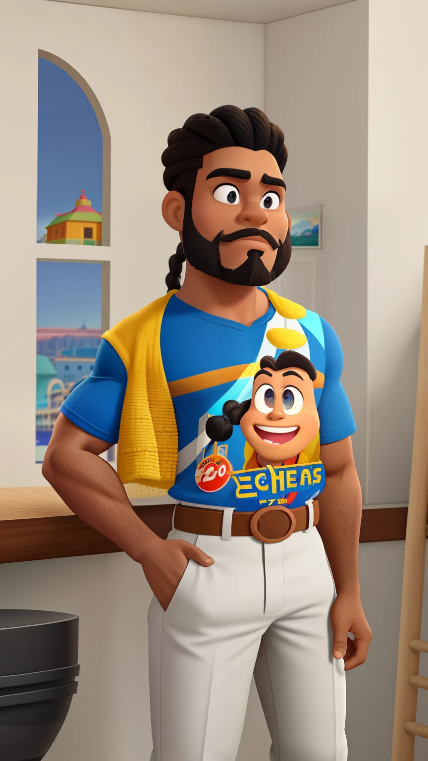 Poster no estilo Disney pixar, alta qualidade, melhor qualidade, homem negro lighskin, 25 years, Nagô Braid Hair, barba preta, musculoso, com fundo eem uma cidade moderna