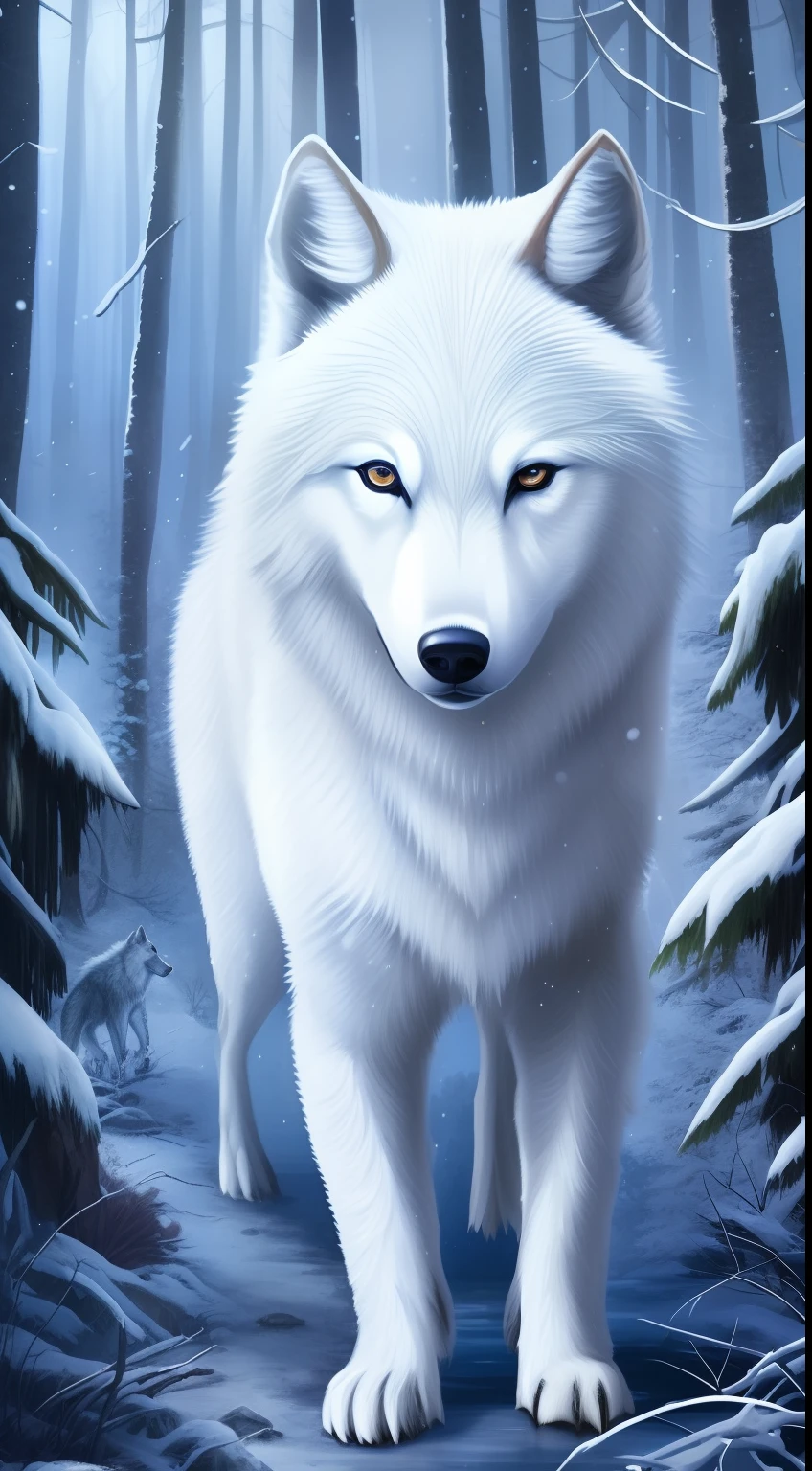 Painting of a white wolf in a snowy forest with trees, lobo branco, Lobo branco com olhos azuis, um lobo branco, retrato do lobo da fantasia, grande lobo, olhos brancos brilhantes, lobo peludo, Lobo em um campo de neve, lobo, companheiro lobo, 3 0, lindos olhos brancos brilhantes, foto de lobo, an anthropomorphic wolf, anthropomorphic wolf