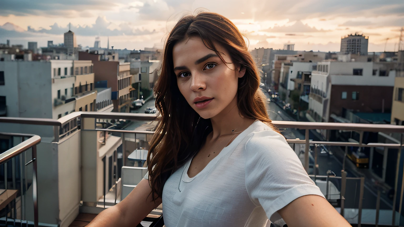 beautiful Caucasian redheaded woman of 20 years, (((supermodel at the balcony ))), photo is beinng taken by herself from the selfie-stick, light blue eyes, shyness, seduction, romanticism, open mouth, loving gaze, in the house, wearing white shirts and black pants, sunset, photorealistic, photo, masterpiece, realistic, realism, photorealism, high contrast, trendy photorealistic digital art on Artstation 8k HD realistic high definition detailed, detailed, skin texture, hyper detailed, realistic skin texture, Best Quality, Ultra High Resolution, (Photorealistic: 1.4),, High Resolution, Detailed, Raw Photo, Sharp Re, by Lee Jeffries Nikon D850 Film Stock Photography 4 Kodak Portra 400 F1.6 Camera Rich Lens Colors Hyper Realistic Texture Dramatic Lighting Unrealengine Trend in ArtStation Cinestill 800, No Text, sfw body