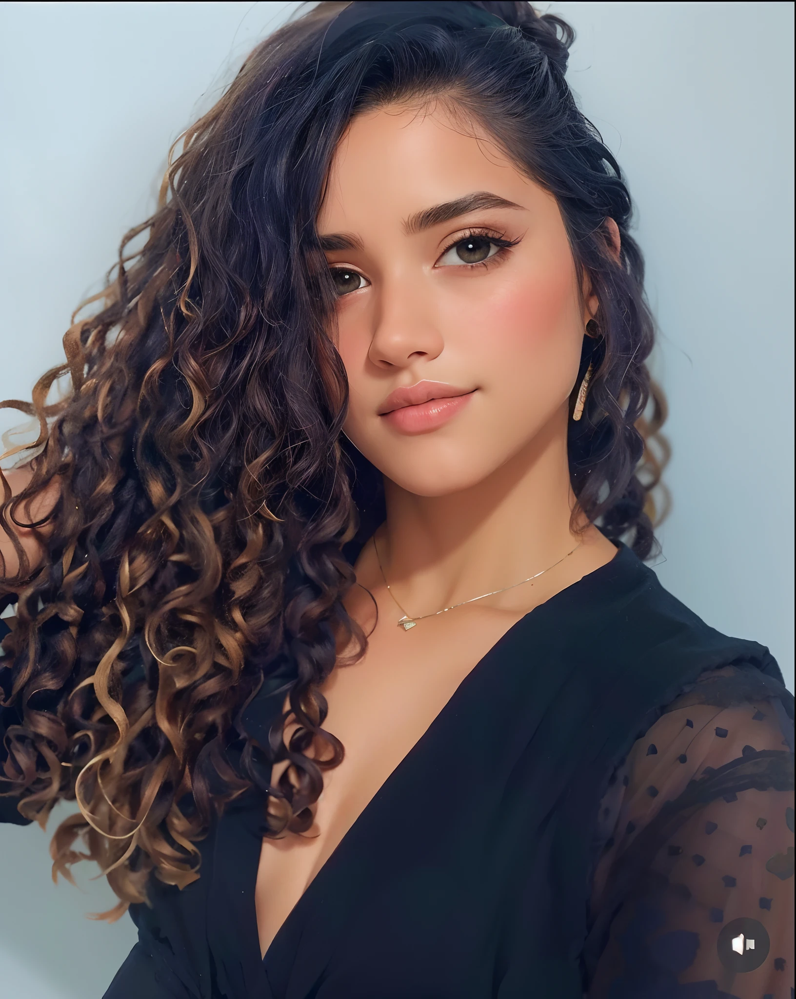 um close up de uma mulher com longos cabelos cacheados usando um top rosa, Mulher de 30 anos do Brasil, foto de uma mulher negra, imagem de perfil, Direction: Andrée Ruellan, Parece Fabiula Nascimento, cabelo encaracolado preto, beleza estonteante
