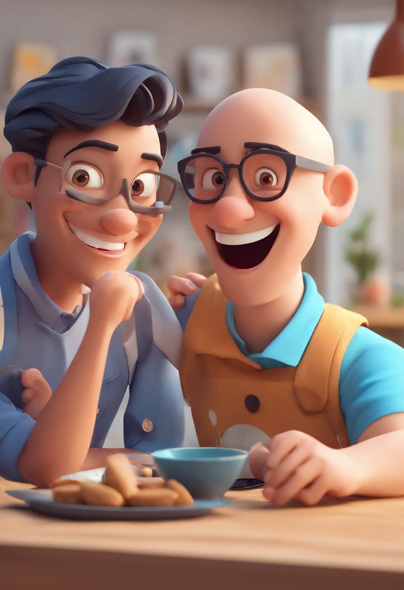 An illustration of an adorable couple, Destacando um fino, Bald chubby white man with sunglasses blue shirt and a chubby white man without glasses with handsome flat browns, Expressive eyes - men's skin is fair , cada um com um sorriso no rosto, e compartilhar um momento especial caracterizado pelo amor, Insights. Illustrate this scene from a perspective where they are facing the camera, Smiling and Showing Your Connection. Desenvolva esta arte em Full HD, Focus on your cinematic touch, Estilo Disney Pixar Animations
