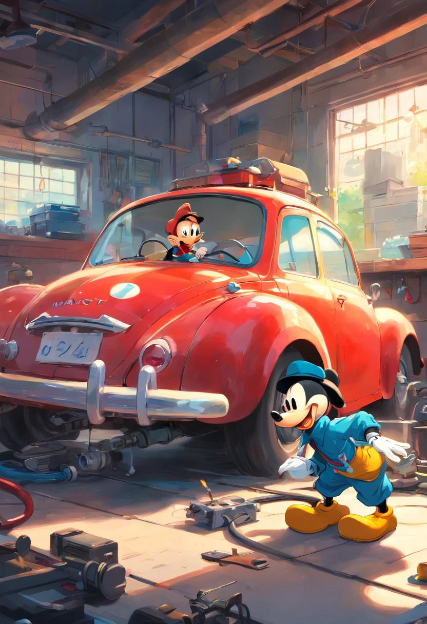 "A masterpiece illustration of Mickey Mouse and Donald Duck as a skilled mechanic repairing a car, With perfect body proportions and an impeccably detailed head, in high definition."