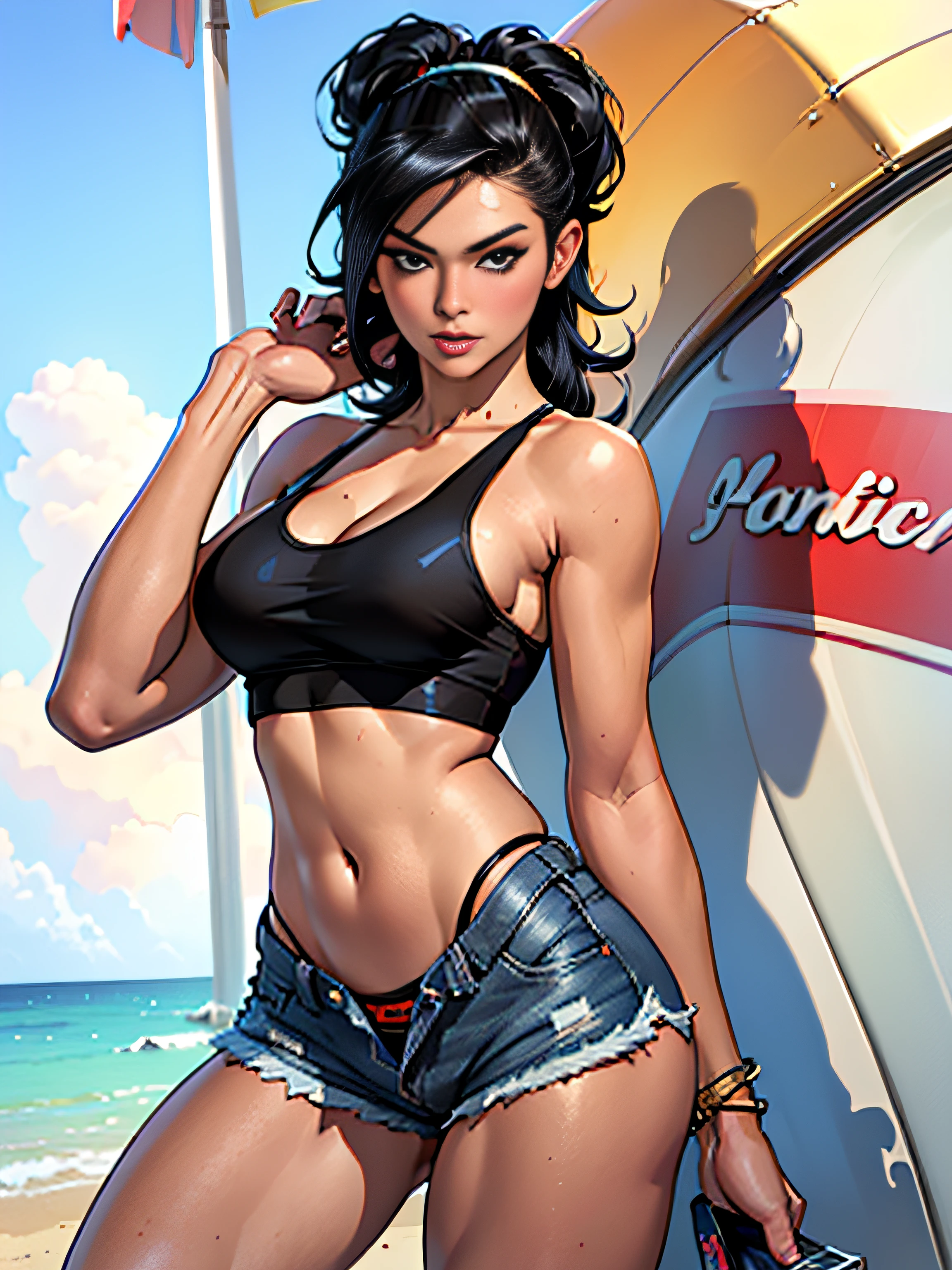 (high quality, best rendering), (beautiful girl), Blue Eyes, ((black long straight hair)),(bombshell, pin-up style), psychopath, crazy face, sexy pose, jean short shorts, tank top, pastel, centered, scale to fit dimensions, micro thong, micro bikini, camel toe