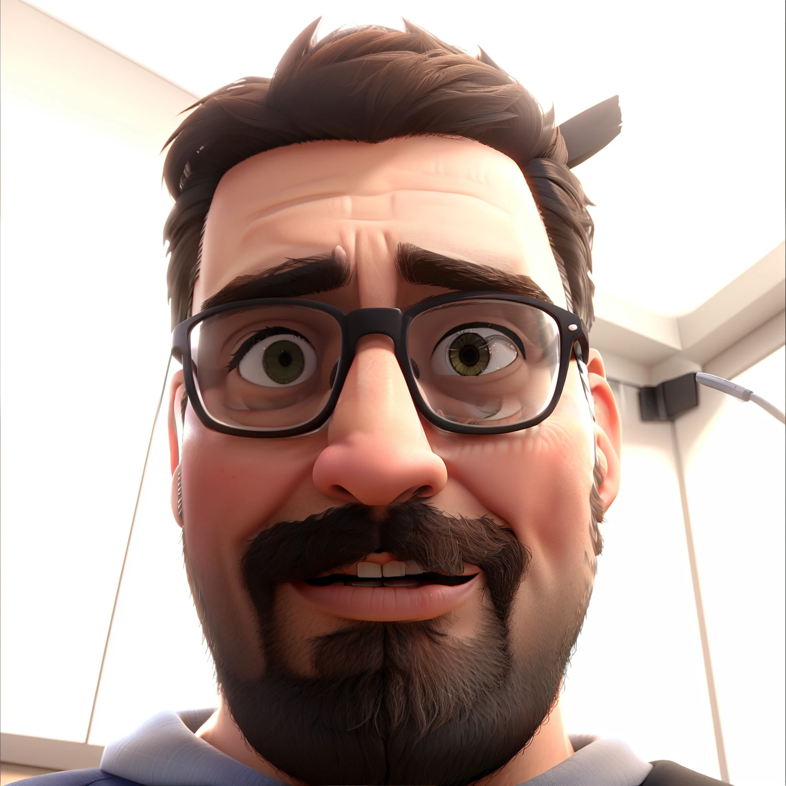 A 38-year-old man wearing glasses, com barba e cabelos pretos