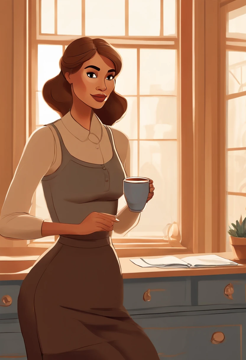 Create a Disney Pixar film style image of a 31-year-old female character, architectural profession, thin, light brown skin color, with brown hair with blonde highlights at breast height and straight, light brown eyes, wearing a black wool tank top In a turtleneck, she is holding a cup of coffee in front of the computer in her architecture office with plans and sketches on the wall.