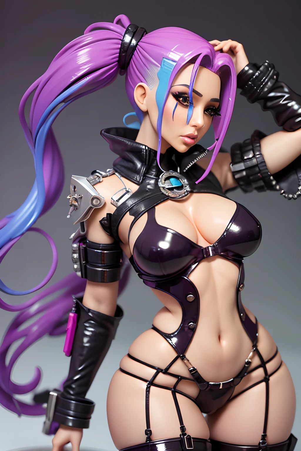 ((pvc figurine))(((Kim Kardashian))) dressed in cosplay of ((jinx))(side view) (open legs) (M-shaped) araffe cosplaying with a gun and a purple outfit, jinx from league of legends, jinx from arcane, vi from league of legends, alice in wonderland cyberpunk, vi from arcane, cyberpunk angry gorgeous goddess, arcane jinx, in cyberpunk style, seductive cyberpunk dark fantasy, oppai cyberpunk, cyberpunk 2 0 y. o model girl, cyberpunk vibes, avant garde fashion model pop up parade figure, seductive anime girl, anime figure, anime figurine, seductive. highly detailed, aoshima chiho, ( highly detailed figure ), pvc figurine