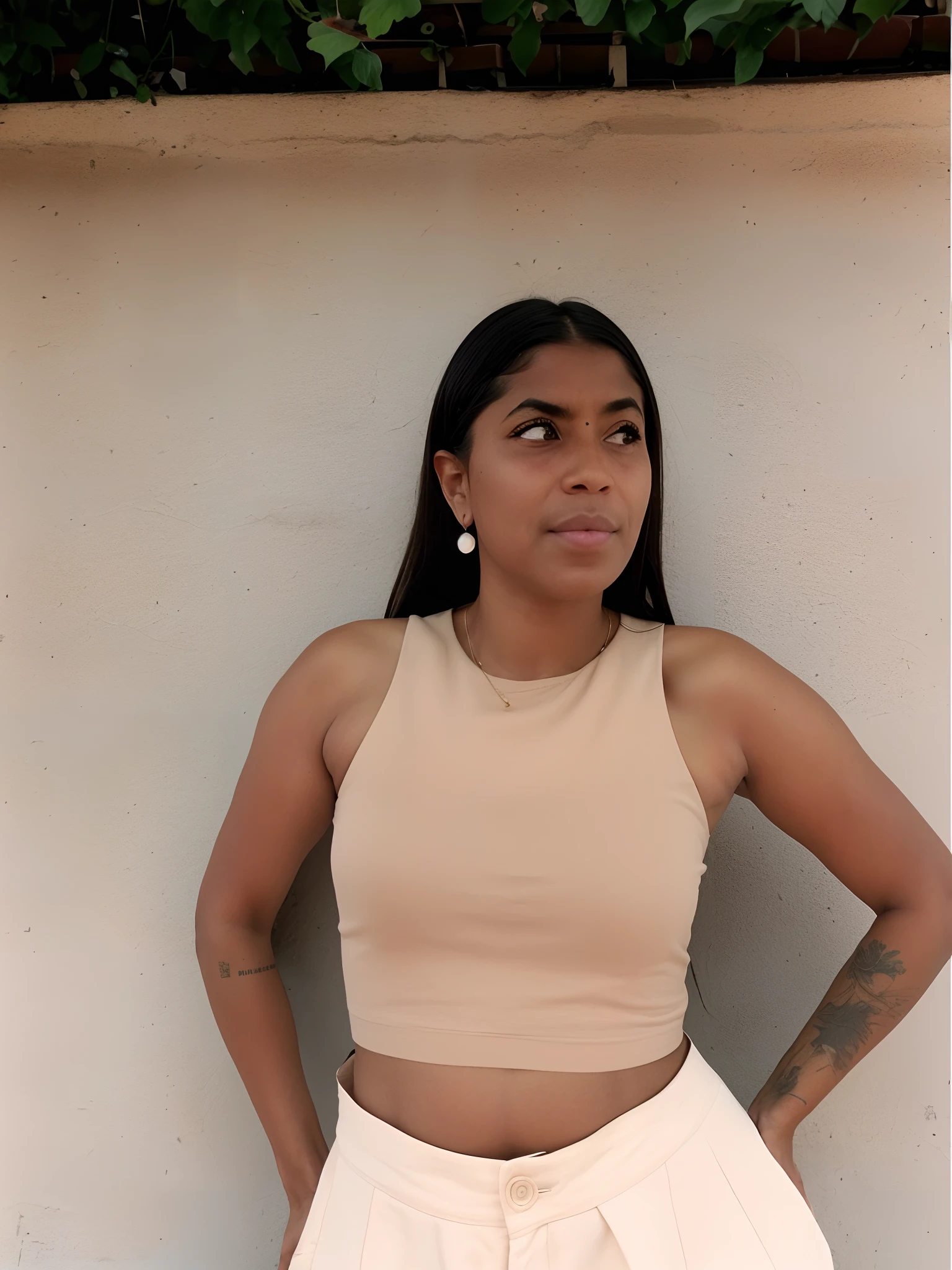 There's a woman leaning against a wall with her hands on her hips, usando um top cropped sexy, imagem de perfil, Malika Favre, com pele parda, taken in the early 2020s, usando crop top, Ayahausca, Alanis Guillen, usando um crop top, foto de perfil, Violeta Myers, usando um top cropped