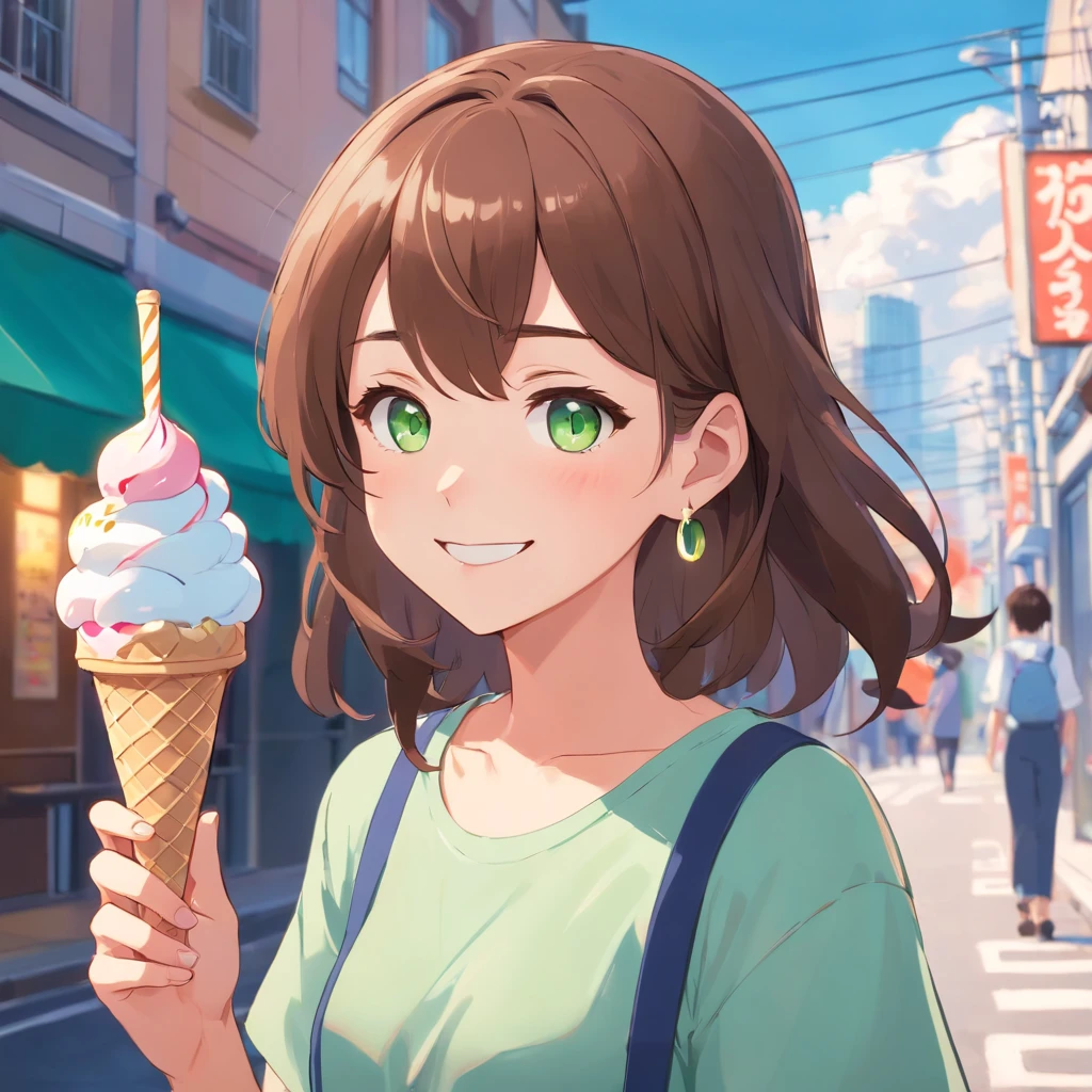 1 girl animated, brown hair long, braces, green eyes, anime outfit, smiling, holding an ice cream on the street, with cute earrings