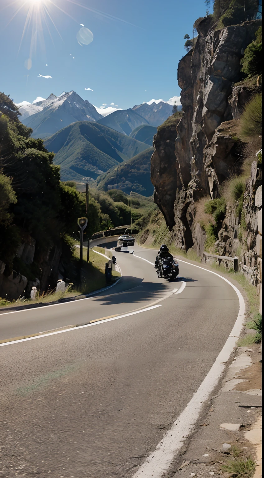 Some bikers going down a winding road between the mountains by the sea with their motorcycles. Dia claro com sol.