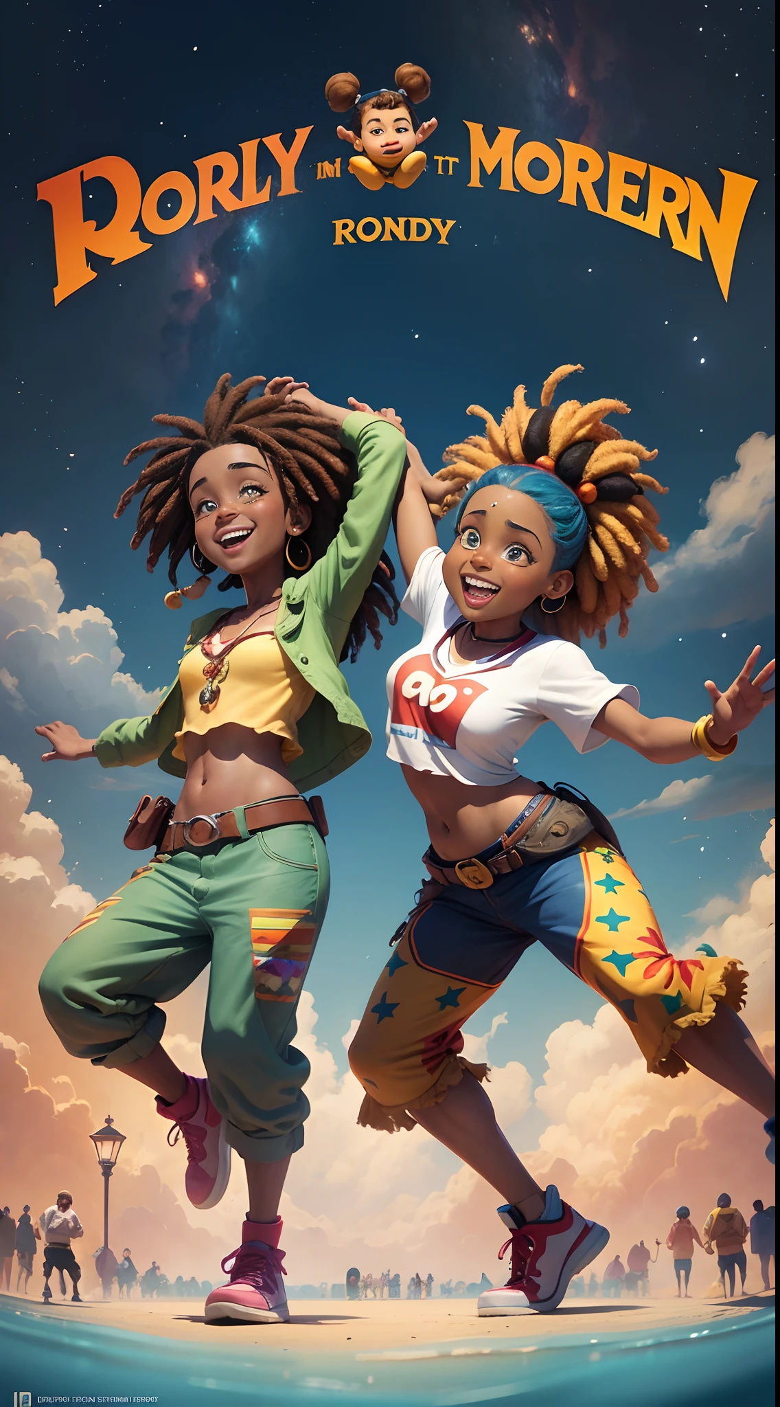 A poster of a Disney Pixar movie with a made-up title and characters in the style of UP. The characters are a couple of rastafarians who are dancing and very happy. The image is in high definition and has a 16:9 aspect ratio. --auto --s2