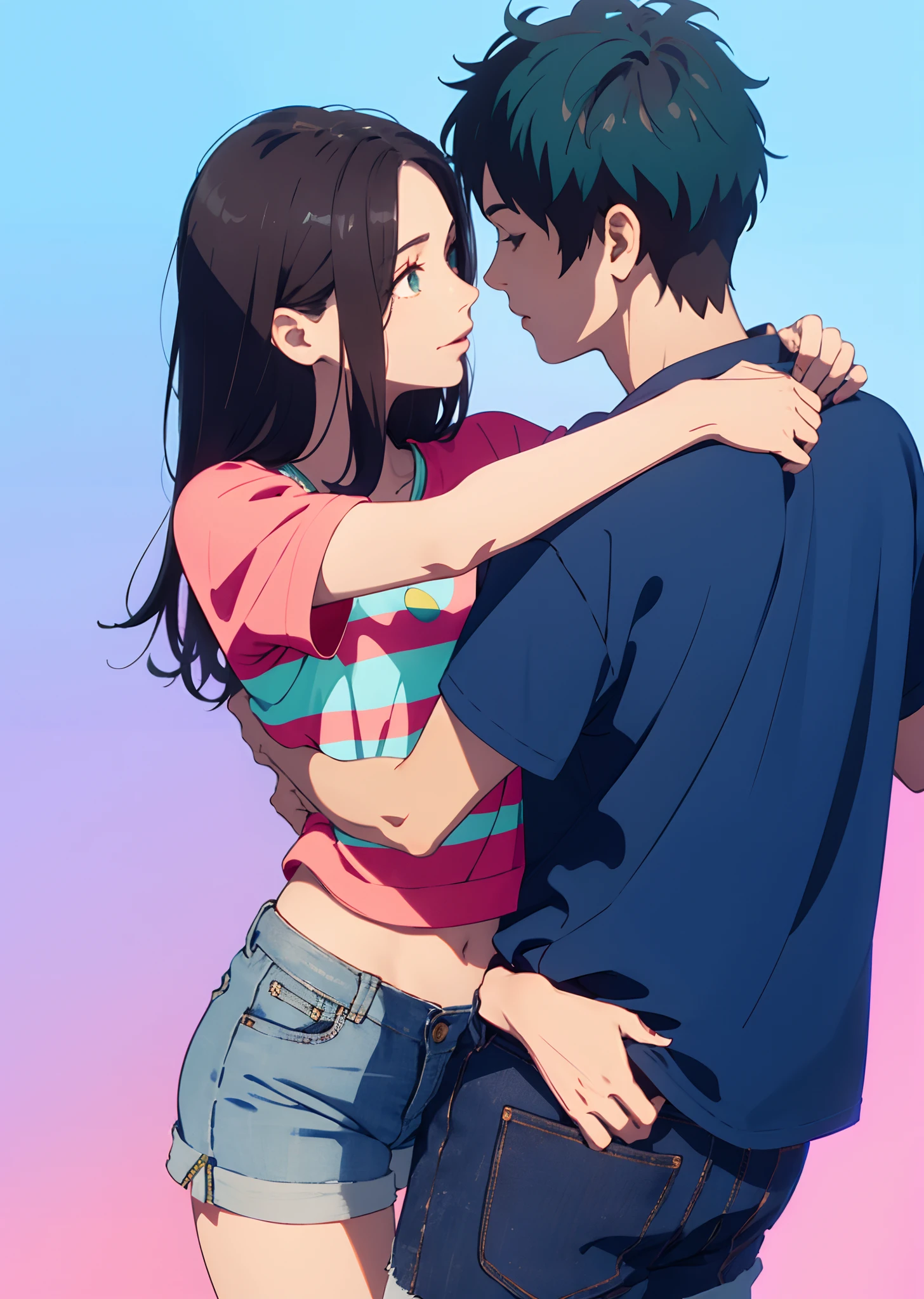 Brunette couple hugging, mulher com shorts preto e blusa preta com casaco marrom. Man in blue jeans and shirt with pink and blue stripe green background with lights. Disney pixer, alta qualidade, melhor qualidade