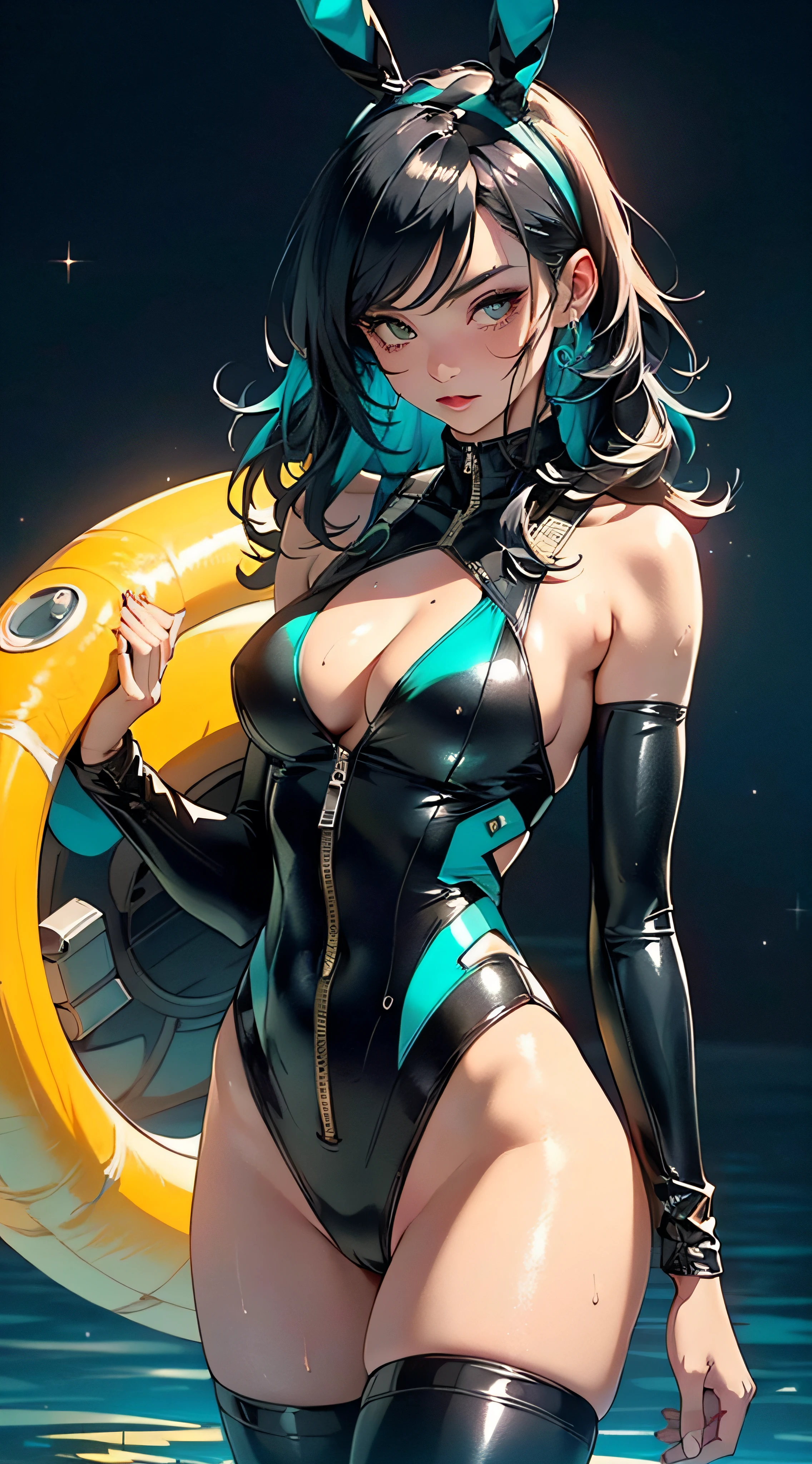 cute bunny girl,(((1girl))),((bunny girl with extremely cute and beautiful black hair)),(((bunny girl,anthro furry cute,bunny-girl))),(((bunny ears,bunny ears on head,big bunny ears))),
(small breasts:1.4),perky breasts, cleavage, ((((black hair,teal hair, two-tone hair),colored inner hair,ear breathing,long hair))),((heterochromia:1.5, (white_eyes))),intricate eyes,beautiful detailed eyes,symmetrical eyes,((fat)),(((lustrous skin:1.5,bright skin: 1.5,skin tanned,shiny skin,very shiny skin,shiny body,plastic glitter skin,exaggerated shiny skin,illuminated skin,wet legs))),(spider lower abdomen,narrow waist,wide hip,athletic body,inflated legs,detailed body,(detailed face)),
cute,slutty,seductive,erotic,(((nsfw))),
zettai ryouiki,((slingshot swimsuit black,wearing a slingshot swimsuit outfit:1.3,swimsuit type spacesuit,black armor swimsuit:1.3)),(((huge cleavage))),((wet clothes,intricate outfit,intricate clothes)),
(dynamic pose:1.0),solo focus,embarrassed,(centered,scale to fit dimensions,Rule of thirds),
cyberpunk city by the ocean at night, with bright neon signs and dark stormy clouds and puddles, scenery:1.25,
highres, sharp focus, (ultra detailed, extremely detailed), (photorealistic artwork:1.37),(extremely detailed CG unity 8k wallpaper),((synthwave background theme)),(((vibrant colors))),(intricate background),(masterpiece),(best quality),