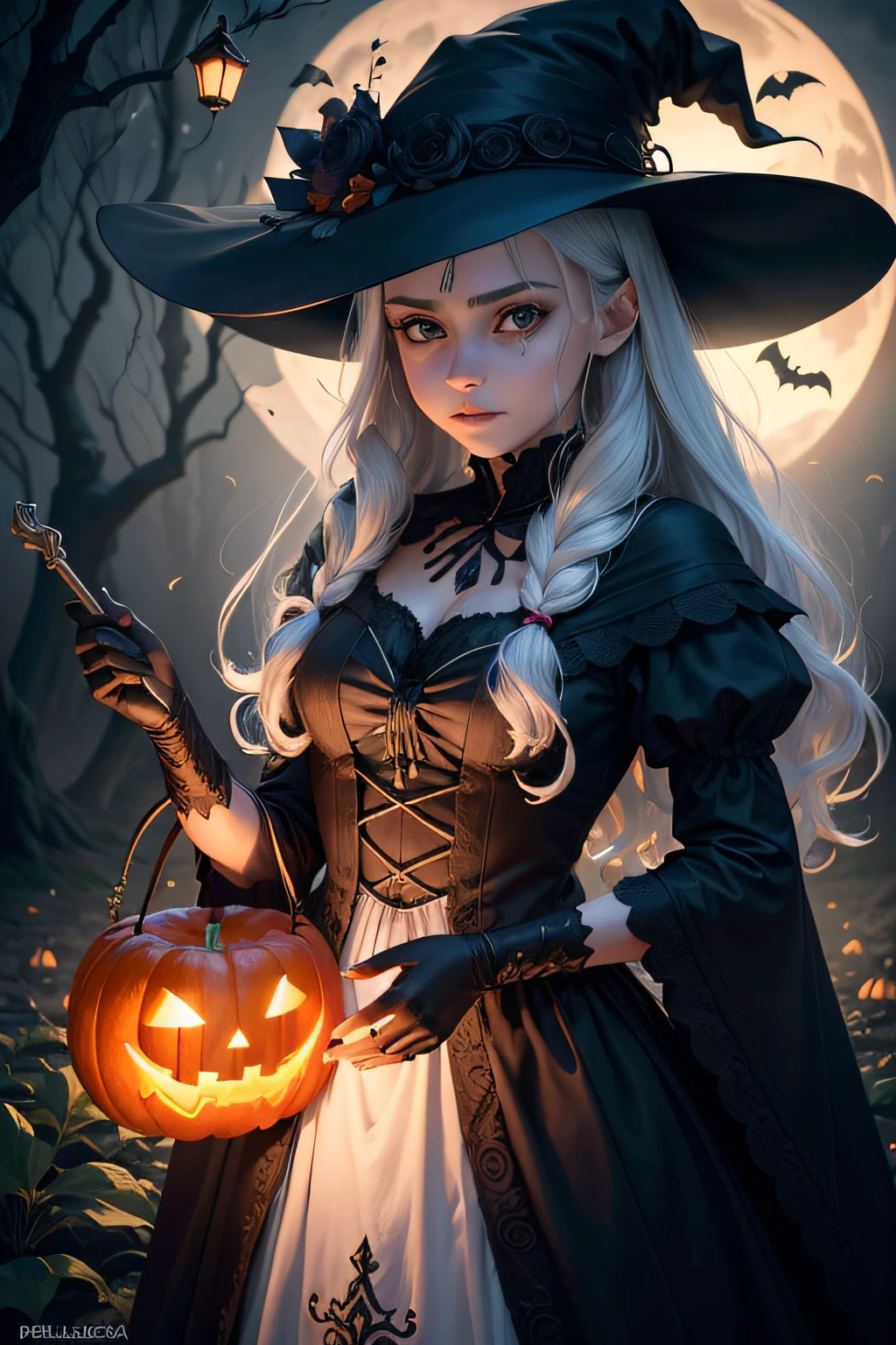 (master part), melhor qualidade(best quality,4k,8k,high resolution,master part:1.2),ultra-detalhado,(Realistic,fotorrealista,fotorrealista:1.37),The Girl in the Hat,(kalap:1.1),Atmosfera assustadora e misteriosa,estilo de terror,Traje de bruxa,cabelos pretos longos,belos olhos de detalhe,beautiful detailed lips,maquiagem:Halloween pumpkin carving,luzes assustadoras,fundo assustador,floresta escura,lua cheia,Grim facial expressions,Phantom Liquids,O Jardim Encantado,Magia no ar,pumpkin lanterns,Morcegos voadores,Flickering Stars,Fine mist,Dancing shadows,Cores do outono,floresta sombria,Gothic ambiance,tema halloween,Black cat sneaking around, Witch Hat and Broom, Bruxas Brincalhonas, magical aura, Caldeira Vedmina, Carved pumpkins, Ghostly apparitions, Witches' Book of Spells, cores laranja e preto brilhantes, Ventos sussurrantes, Fogo crepitante.Pa, olhos expressivos, um rosto perfeito, sword art online