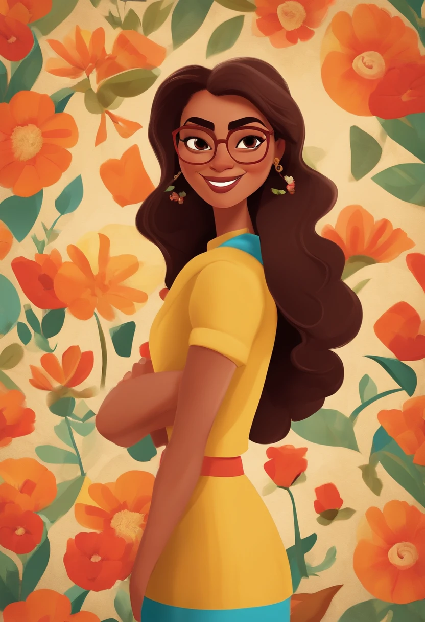 Create a Pixar-style poster titled 'The Tobias' She's a brunette, cabelos cacheados na altura dos ombros, sorridente, usando um vestido, And he's a media mulatto , wearing glasses and suit, smiling against a floral backdrop with vibrant Disney Pixar colors and textures with a couple. arte digital deve evocar o estilo da Pixar, Reminiscent of animated features. Focus on character expressions, cores vibrantes, e texturas altamente detalhadas