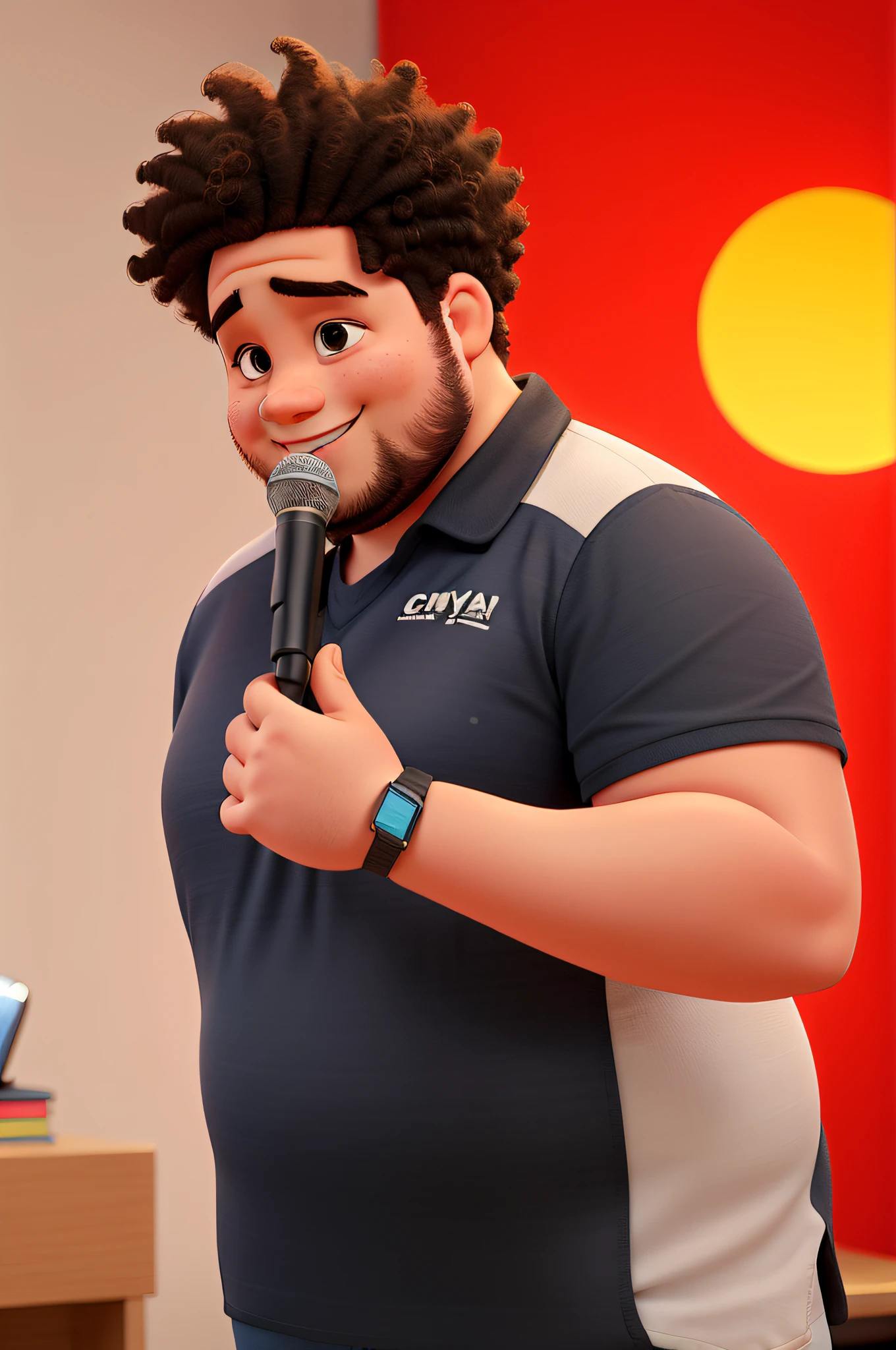 chubby guy, holding a microphone, smilling, text on shirt is animania, detailed afro hair, strong detail arm