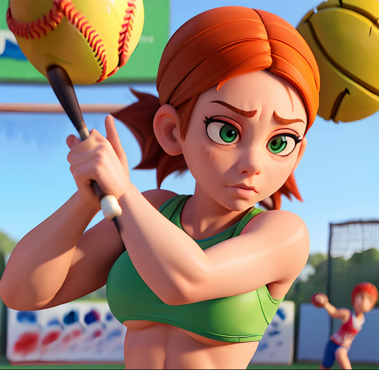 Masterpiece, (watercolor:1.3), (short stack:1.1), forward facing, eyes on camera, serious expression, (action shot:1.4) , (upper body strength:1.3), contrapposto (tattoo:1), softball pitcher, auburn hair, green eyes, (string bikini:1), pitching a softball at viewer, (focus on softball in foreground:1.4), sunny, natural lighting, High definition, excellent resolution, excellent quality, insane detail, semi realistic, postprocessed, crisp face, facial features, extremely detailed, facial features