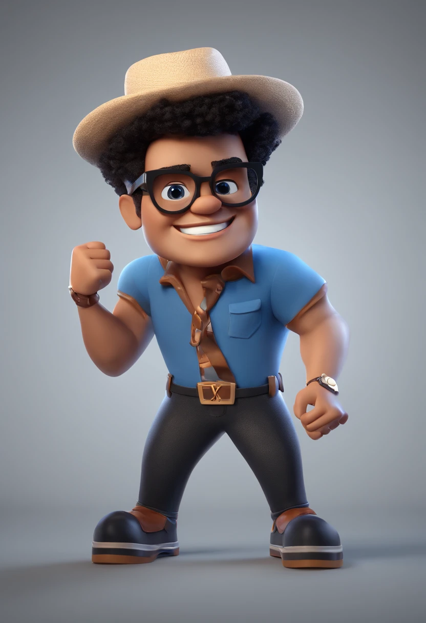 Bruno Mars cartoon cartoon of a man with black glasses and a blue shirt, animation character, Caractere estilizado, animation style rendering, 3D estilizado, Arnold Maya render, 3 d render stylized, toon render keyshot, Personagem 3D, Personagem 3D, 3d rendering stylized, 3 d character render, personagem de desenho animado, Personagem de close up, Pose de personagem, (Estilo Pixar) (master part:1.2) (Bokeh) (best quality) (pele detalhada) (textura detalhada) (8k) (argila) (Cinematic lighting) (foco nítido