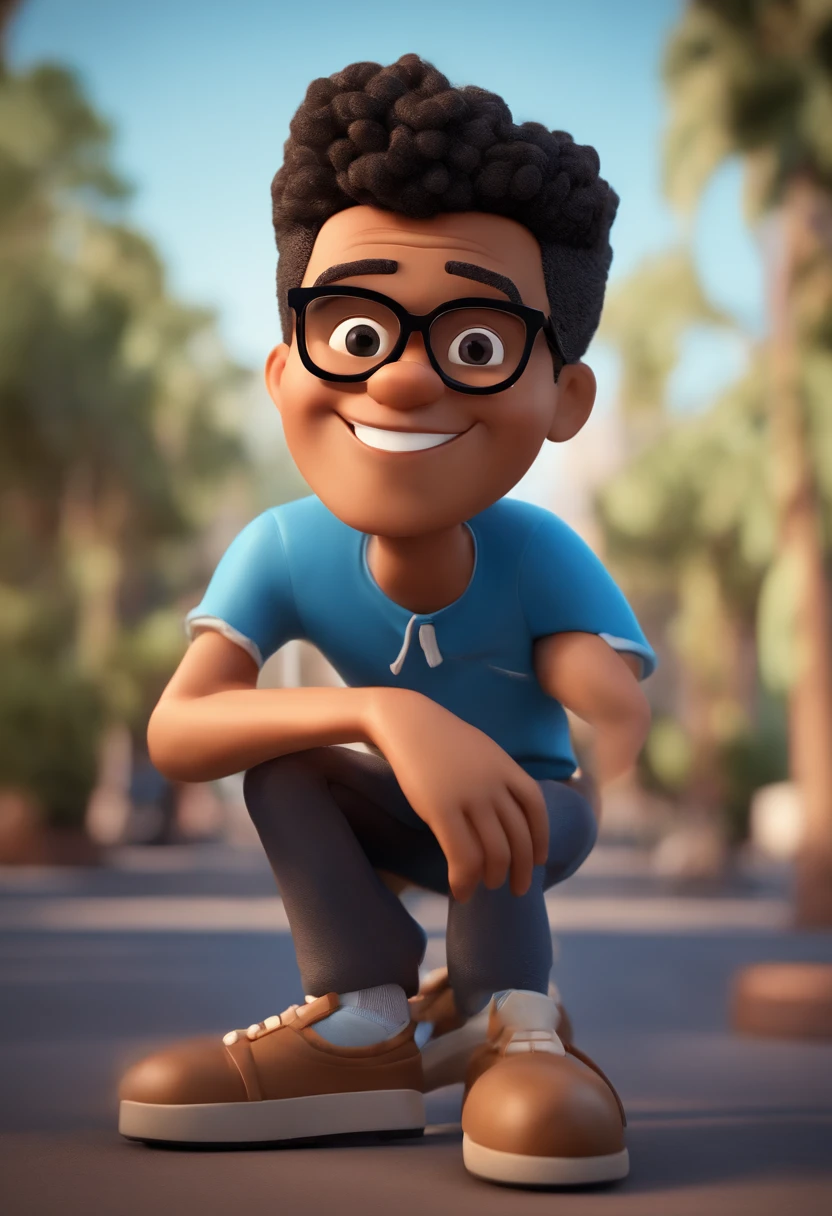 Bruno Mars cartoon cartoon of a man with black glasses and a blue shirt, animation character, Caractere estilizado, animation style rendering, 3D estilizado, Arnold Maya render, 3 d render stylized, toon render keyshot, Personagem 3D, Personagem 3D, 3d rendering stylized, 3 d character render, personagem de desenho animado, Personagem de close up, Pose de personagem, (Estilo Pixar) (master part:1.2) (Bokeh) (best quality) (pele detalhada) (textura detalhada) (8k) (argila) (Cinematic lighting) (foco nítido