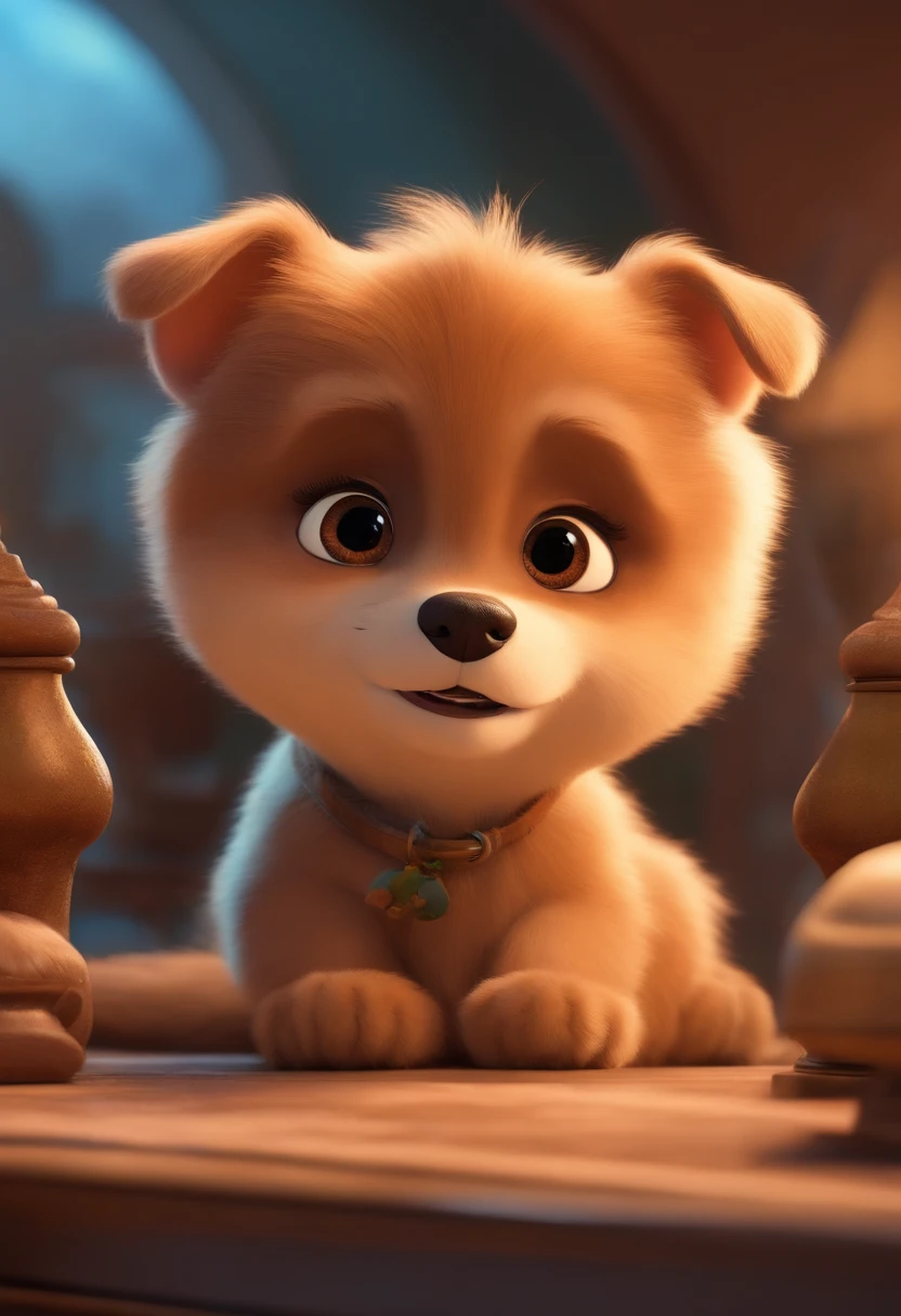 A Dream Architect Inspired by Pixar Animation, de perto. Facial expressions are captivating, com um toque de irrealidade, com um cachorro spitz alemao cor creme
