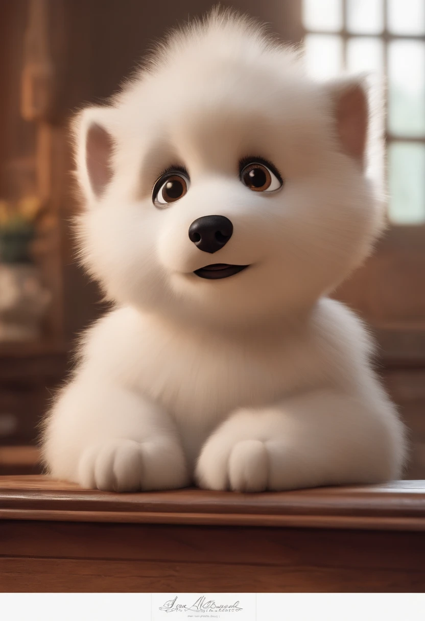 A Dream Architect Inspired by Pixar Animation, de perto. Facial expressions are captivating, com um toque de irrealidade, com um cachorro spitz alemao cor creme