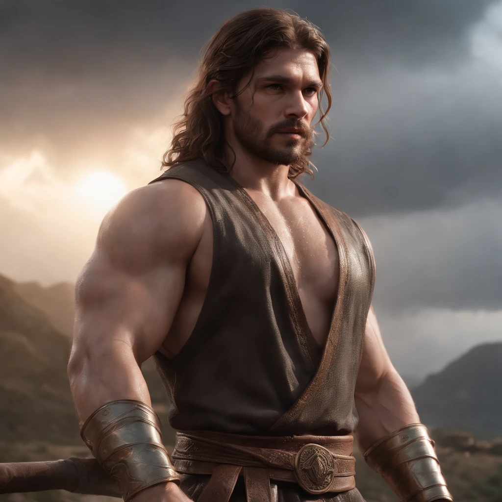 (Professional 3D rendering:1.3) de (Realistic:1.3) Foto de arte mais bonita do mundo，Features soft, bright male heroes, ((Epic hero muscular fantasy rough man angry wet hero looking long hair short beard and fierce expression in dynamic pose, fantastic location, majestoso ambiente desordenado)), Full-body 8k unified rendering, action shot, poros da pele, very dark lighting, sombreamento pesado, circunstanciado, Rosto detalhado, (vibrante, fotogrdeia realista, Realistic, Dramatic, Escuro, foco nítido, 8k), (Old leather clothes damaged by bad weather:1.4), ((((Use peles)))), (intrincado:1.4), decadente, (altamente detalhado:1.4), pintura digital, rendering by octane, art stations, Conceito-Arte, liso, foco nítido, illustration, germe da arte, (Loish:0.23), Wlop Ilya Kuvshinov, e Greg Rutkowski e Alphonse Mucha Gracias, (global ilumination, studiolight, Light Volumetric), chuva forte, floating particles, patife, fantasia, Onze, corpo inteiroesbian, ((Fundo escuro e antigo da cidade:1.3)),CGSesociedade,art stations