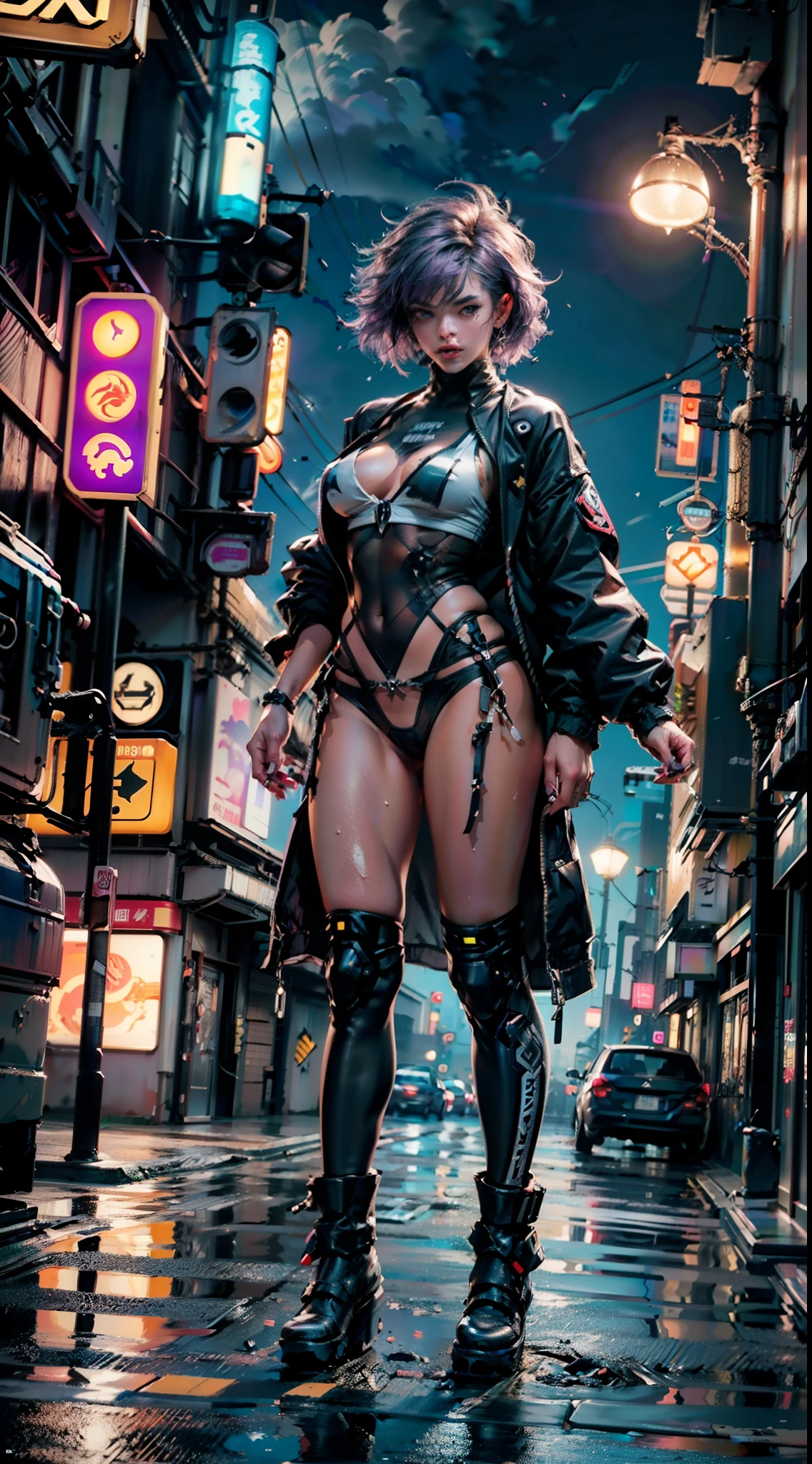 (((Cyberpunk girl wearing colorful Harajuku tech jacket))), ((mechanical arms,mechanical legs)),((warframe)), liquid metal girl,(purple_eyes:1.3),symmetrical eyes,big eyes:1.5,details eyes,(narrow waist,wide hip, detailed body,(detailed face)),((Wild Spike light purple Saiyan:1.3,light_purple hair)),(large breasts:1.4),

(cute,slutty,seductive,erotic,(nsfw)),
,((thigh high cut:1.5, bare thighs:1)),((mechanic thong:1.5)),((LED lights:1.2)),((machine-made joints: 1.4)), ((mechanical limbs:1.2)),((mechanical parts:1.4)),(mechanization:1.2, future),(wires and cables attached to the head and body: 1.5),(show skin:1.3)
((wet clothes,intricate outfit,intricate clothes)),
(dynamic pose:1.4),solo focus,(centered,scale to fit dimensions,Rule of thirds),cyberpunk city by the ocean at night, with bright neon signs and dark stormy clouds and puddles, scenery:1.25,

artistic photography,(photography taken by sldr),highres, sharp focus, (ultra detailed, extremely detailed), (photorealistic artwork:1.37),(extremely detailed CG unity 8k wallpaper),((synthwave background theme)),(((vibrant colors))),(intricate background),(masterpiece),(best quality)