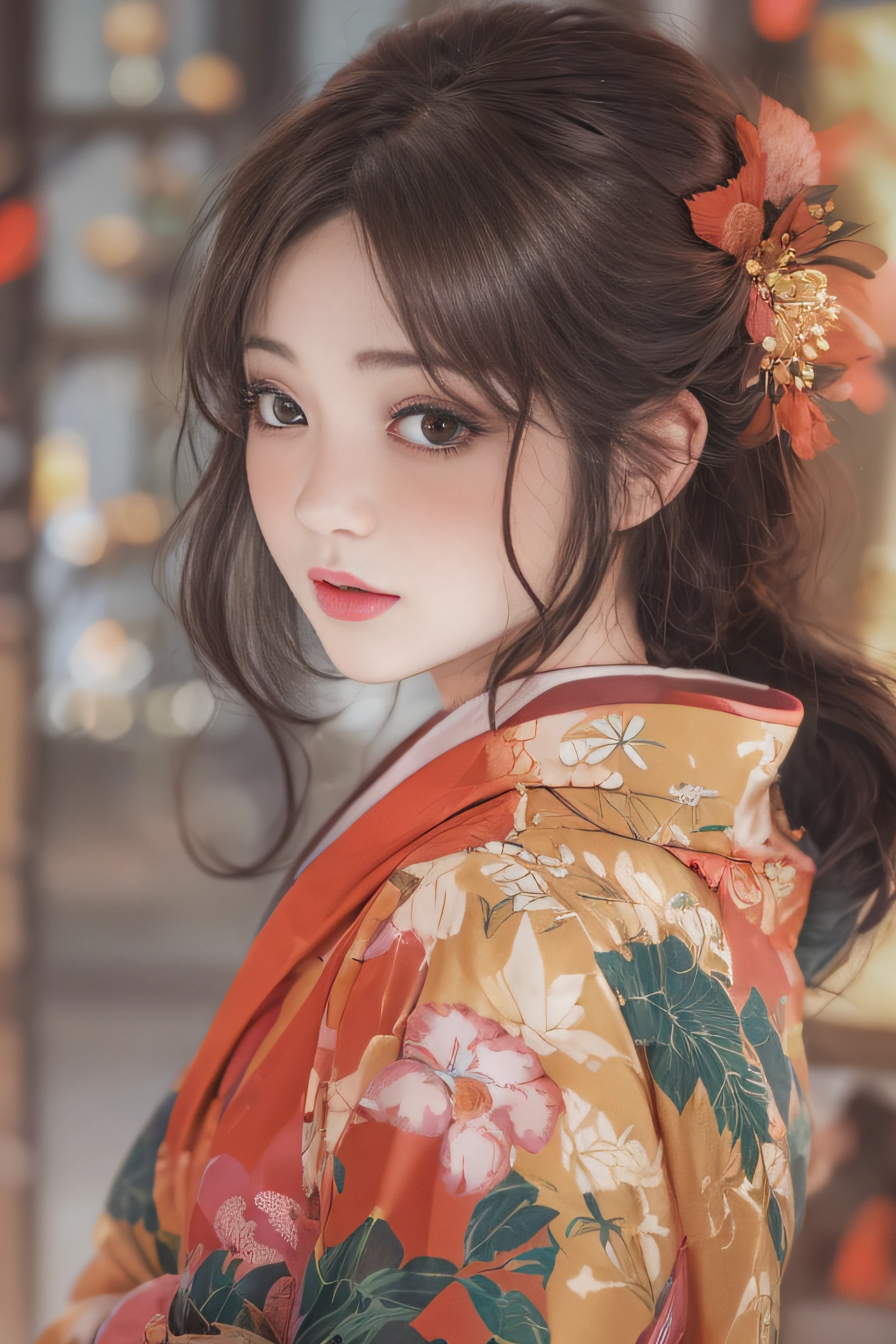 1womanl、(Super beautiful)、(beauitful face:1.5)、(A detailed face)、Early 30s、(Kimono)、Wearing heavy makeup、(red-lips)、Brown hair、(Immediately after sunset:1.2)、(Back lighting)、A scent that can't be hidden、Before you know it, It's ingrained in you、If someone takes you, I want to kill you、Sleep in a hideout、Winding Slope、Joren Falls、soar、shake off、Passing through the dazzling flames、mont. Amagi I want to climb with you、At SFW
