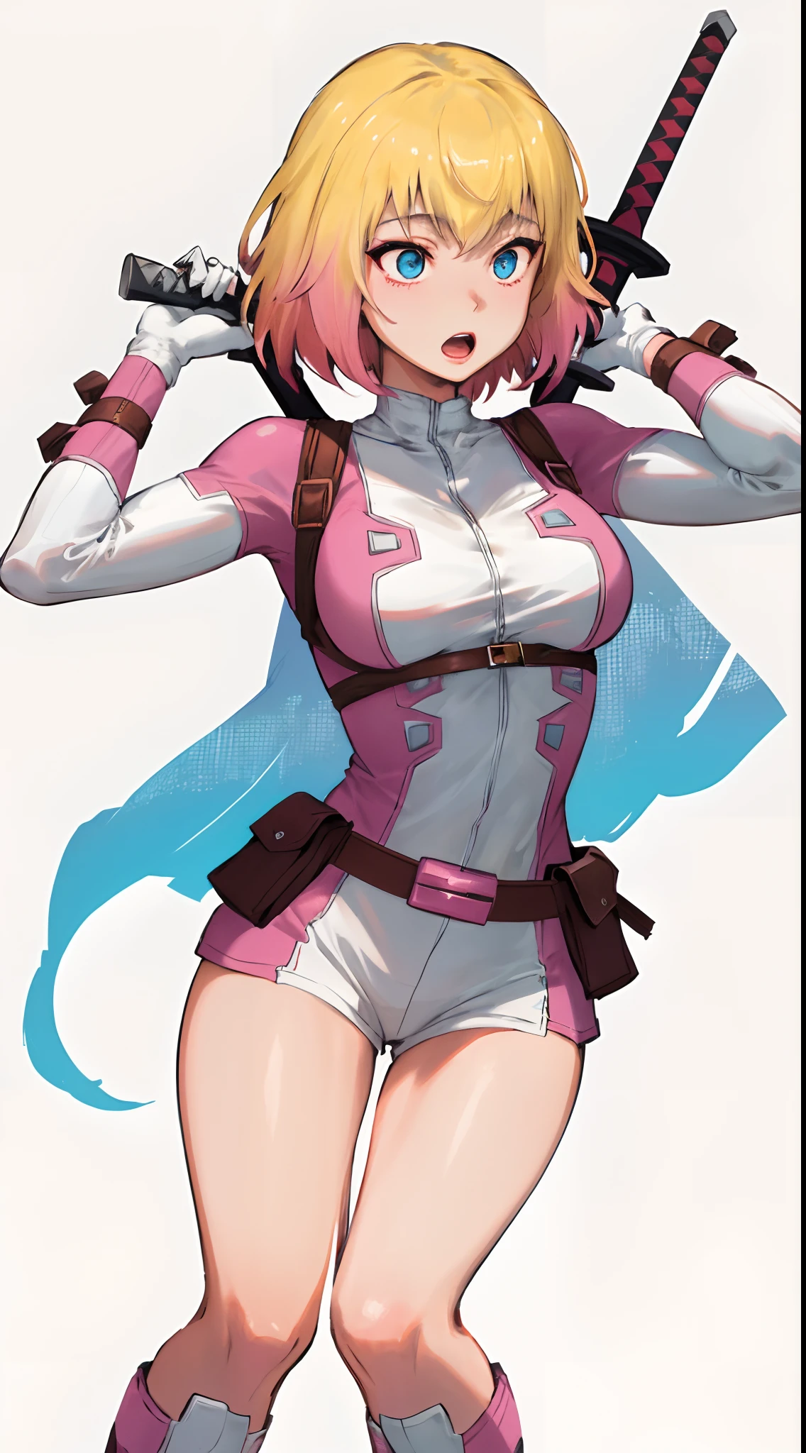 gwenpool, 1girl, weapon, blonde hair, multicolored hair, solo, blue eyes, sword, pouch, superhero, short hair, gradient hair, open mouth, belt, two-tone hair, pink hair, breasts, gloves, belt pouch