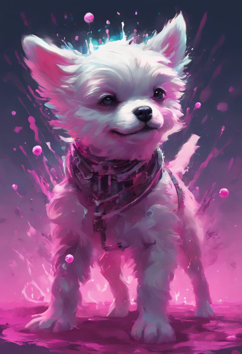 Splash art, full wihte mutt dog, pink muzzle, ((white background)), piercing eyes, epic Instagram, artstation, splash style of colorful paint, contour, hyperdetailed intricately detailed , unreal engine, fantastical, intricate detail, splash screen, complementary colors, fantasy concept art, 8k resolution, deviantart masterpiece, oil painting, heavy strokes, paint dripping, splash arts