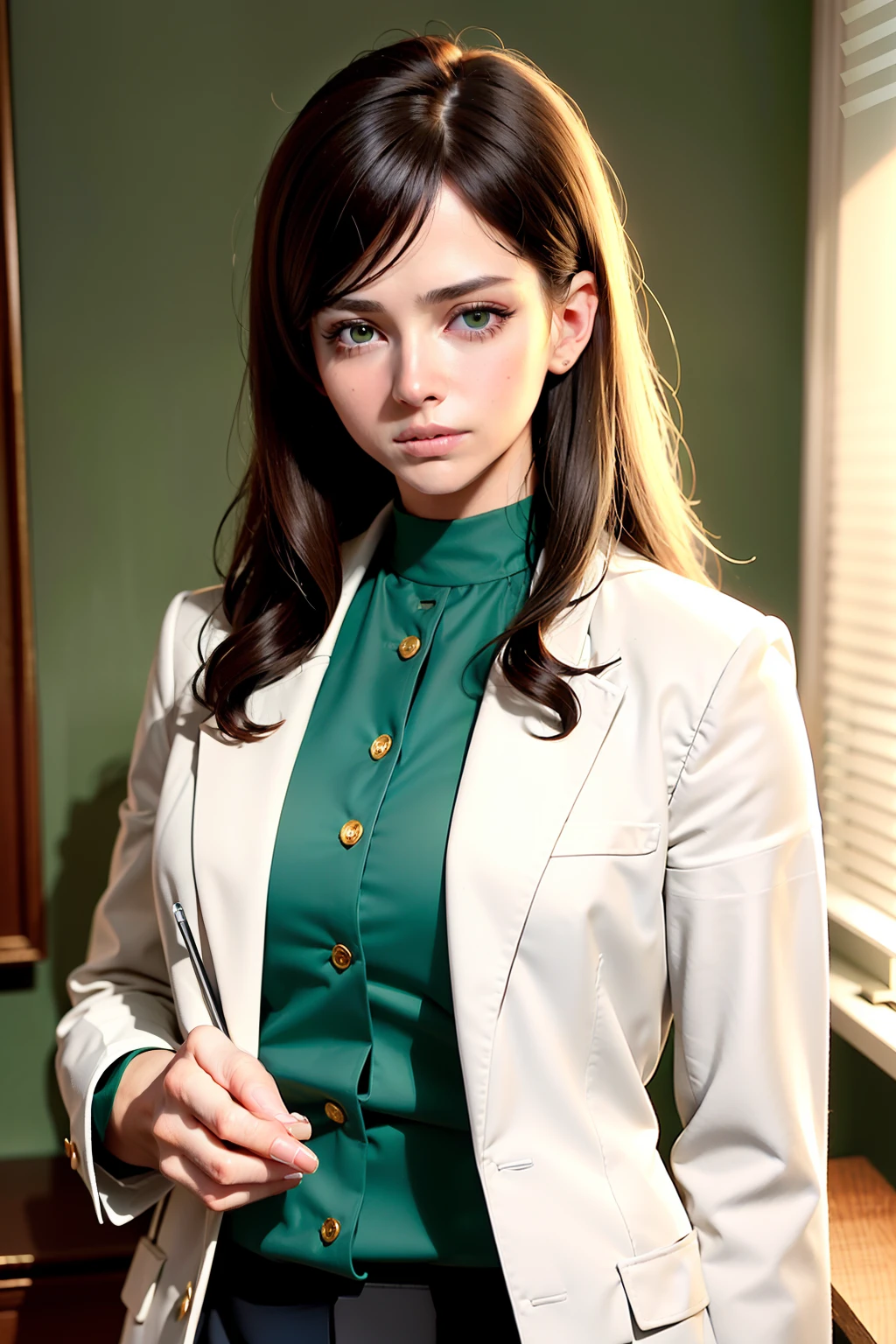 Masterpiece by Gwendoline Taylor, only, Highly detailed, Ultra detailed, ultra high resolution, (photorealistic: 1333), (Best quality), (Best shadow), Detailed, perfect lighting, brown, Very long hair, , (green eyes ), smoky makeup, portrait, in a clinic or office, white doctor's coat.