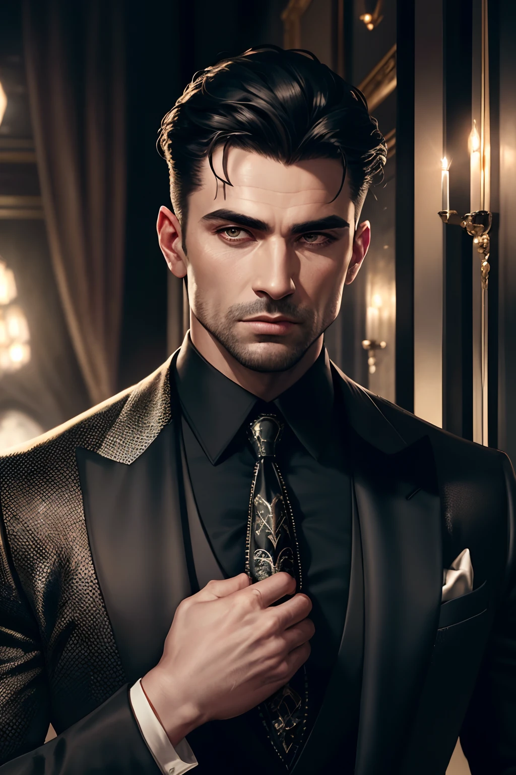 realistic (muscular man:1.1) mob boss, wearing intricate black elegant suite, portrait, short hair, jewelry, in a nightclub, spot lighting the scene, detailed background, intricate details, (illustration), masterpiece, high resolution, best quality.