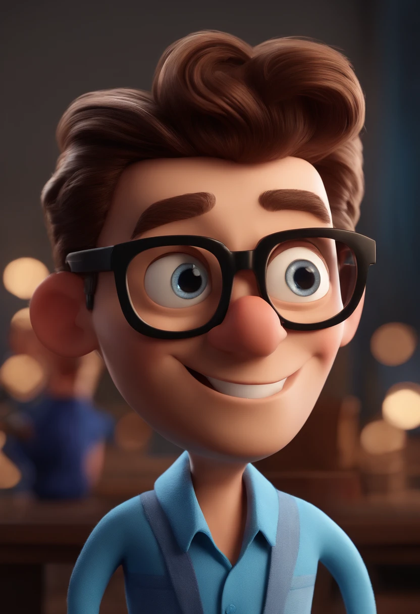 Cartoon character of a man with black glasses and a blue shirt, animation character, Caractere estilizado, animation style rendering, 3D estilizado, Arnold Maya render, 3 d render stylized, toon render keyshot, Personagem 3D, Personagem 3D, 3d rendering stylized, 3 d character render, personagem de desenho animado, Personagem de close up, Pose de personagem, (Estilo Pixar) (master part:1.2) (Bokeh) (best quality) (pele detalhada) (textura detalhada) (8k) (argila) (Cinematic lighting) (foco nítido