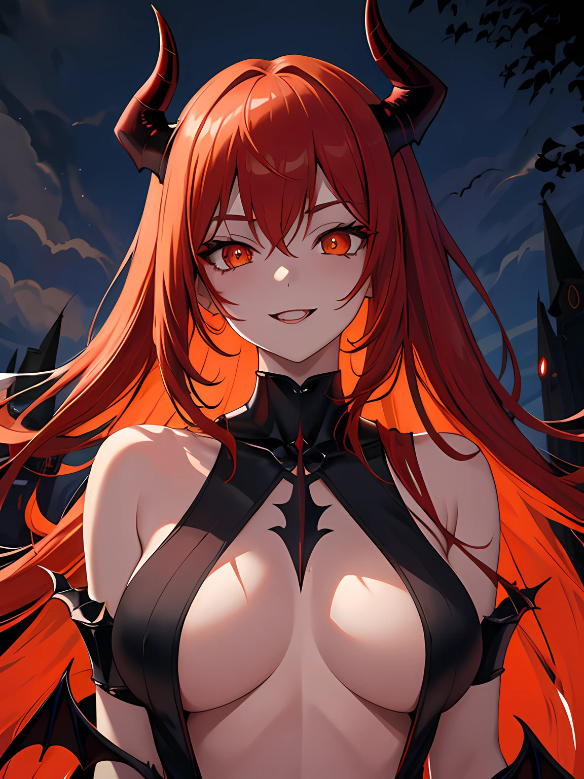 masterpiece, best quality, 1 girl, red hair, orange eyes, glowing eyes, horns, demon girl, succubus, eyeliner, evil smile, dark atmosphere, spooky, (dark, night:1.6), outdoors, (upper body:1.3), stomach
