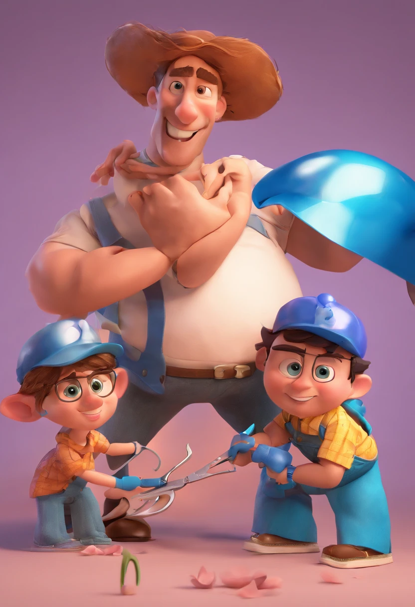 Estilo Pixar: The grown man is holding a naked blue-eyed boy and in his other hand he is holding a pair of scissors and is trying to cut off the boy's testicles,3D Poster,Disney