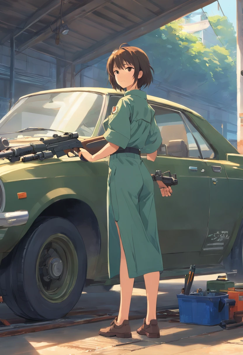 "A masterpiece illustration of soldiers with guns as a skilled mechanic repairing a car, With perfect body proportions and an impeccably detailed head, in high definition."