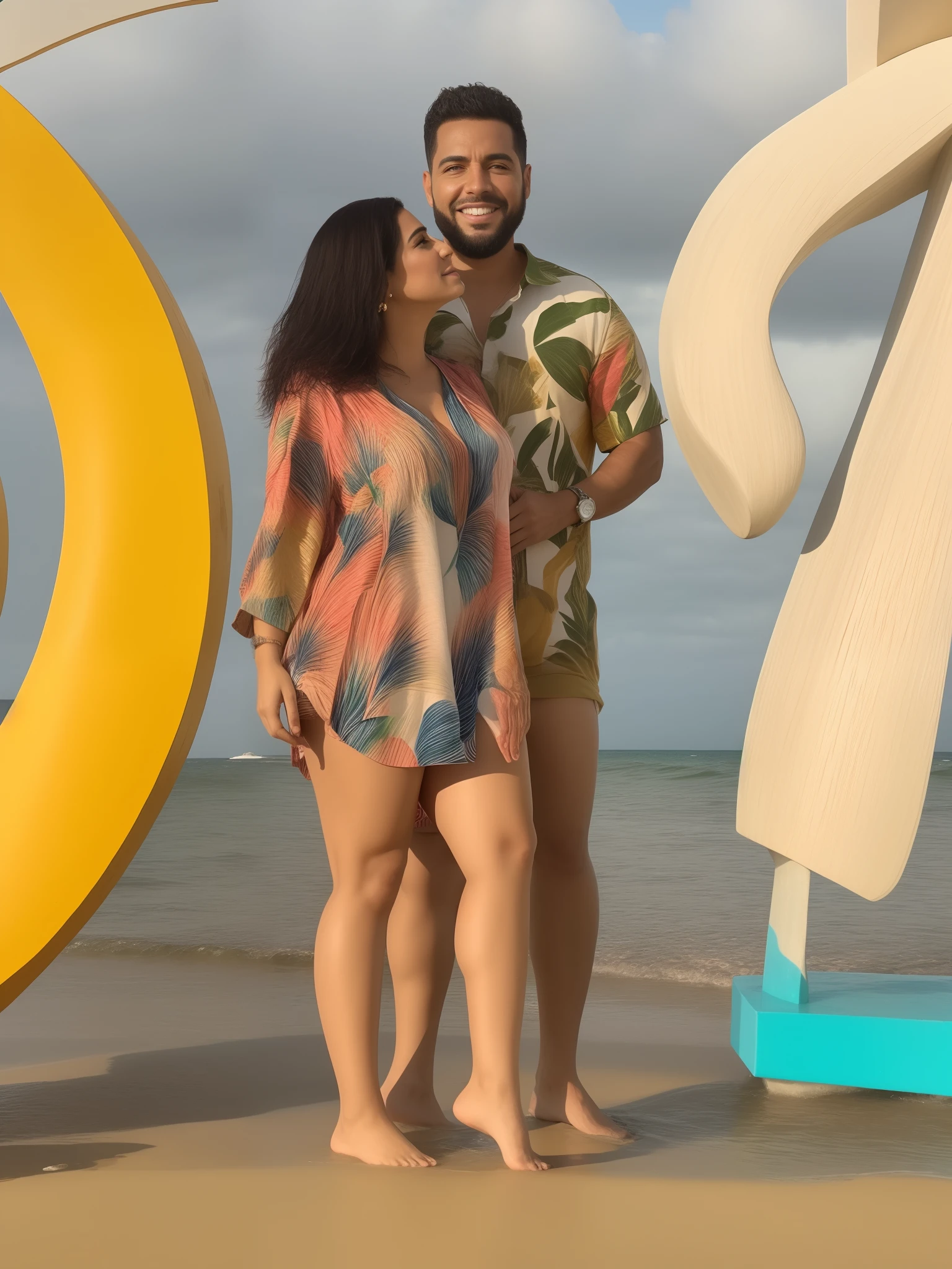 There are two people next to a large sculpture of a man and a woman, vacation photo, 🤬 🤮 💕 🎀, 4 k post, Postagem 4k, standing next to water, posando em uma praia com o oceano, foto de praia, standing at the beach, retrato de casais, imagem de qualidade muito baixa, pose de casal, ((Saturado))