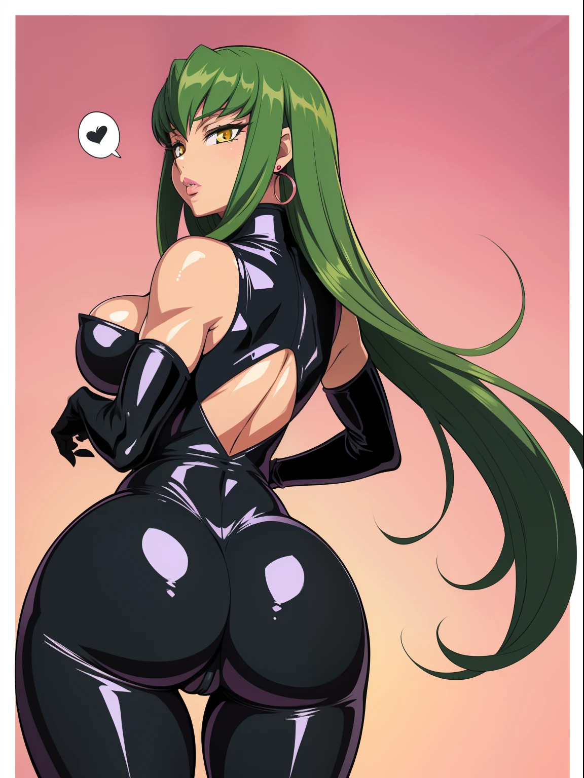 Code Geass, C.C, 1girl, (((bimbo))), long green hair, yellow eyes, ear rings, puffy lips, painted lips, thick lips, wide hips, thick thighs, small breast, huge ass, revealing cleavage, bubble butt, camel toe, Breasts, skin tight pink venom, venom, pink venom absorption, ass posing,
