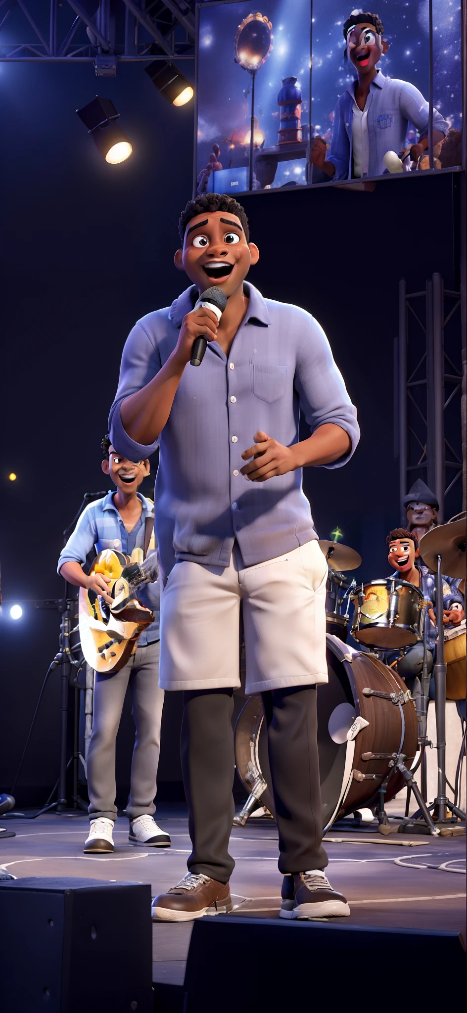 Obra-prima, de melhor qualidade, 3D Poster, um cantor negro cantando feliz no palco estilo Disney e Pixar