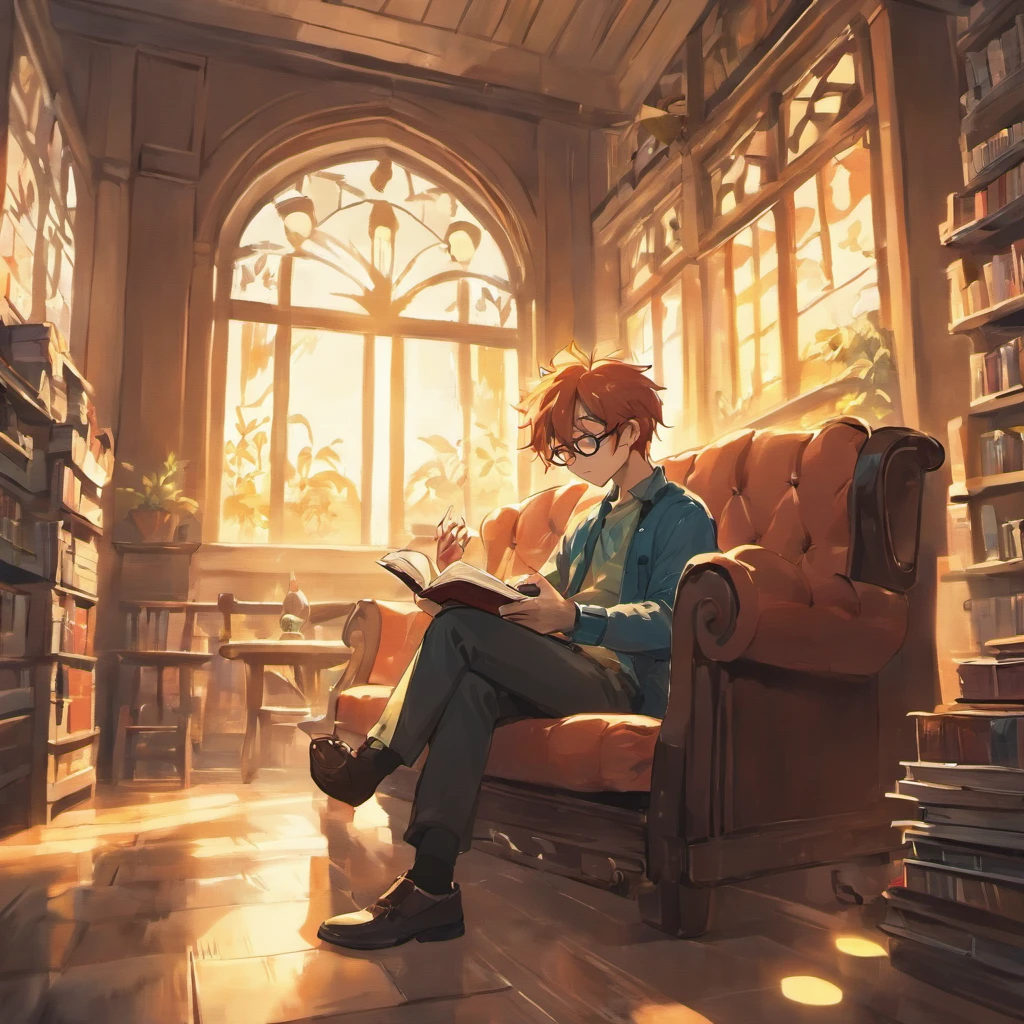 (a man reading a book),(illustration),(peaceful atmosphere),(soft lighting),(unique art style),(vibrant colors),(bright and sunny),(best quality, detail-rich),(cartoonish, Pixar-inspired),(library in the background),(reading glasses),(comfortable armchair),(coffee table with a cup of tea),(bookshelves filled with books),(gentle smile on his face),(casual attire),(sunlight streaming through the window),(book pages flipping elegantly),(smell of freshly brewed coffee)